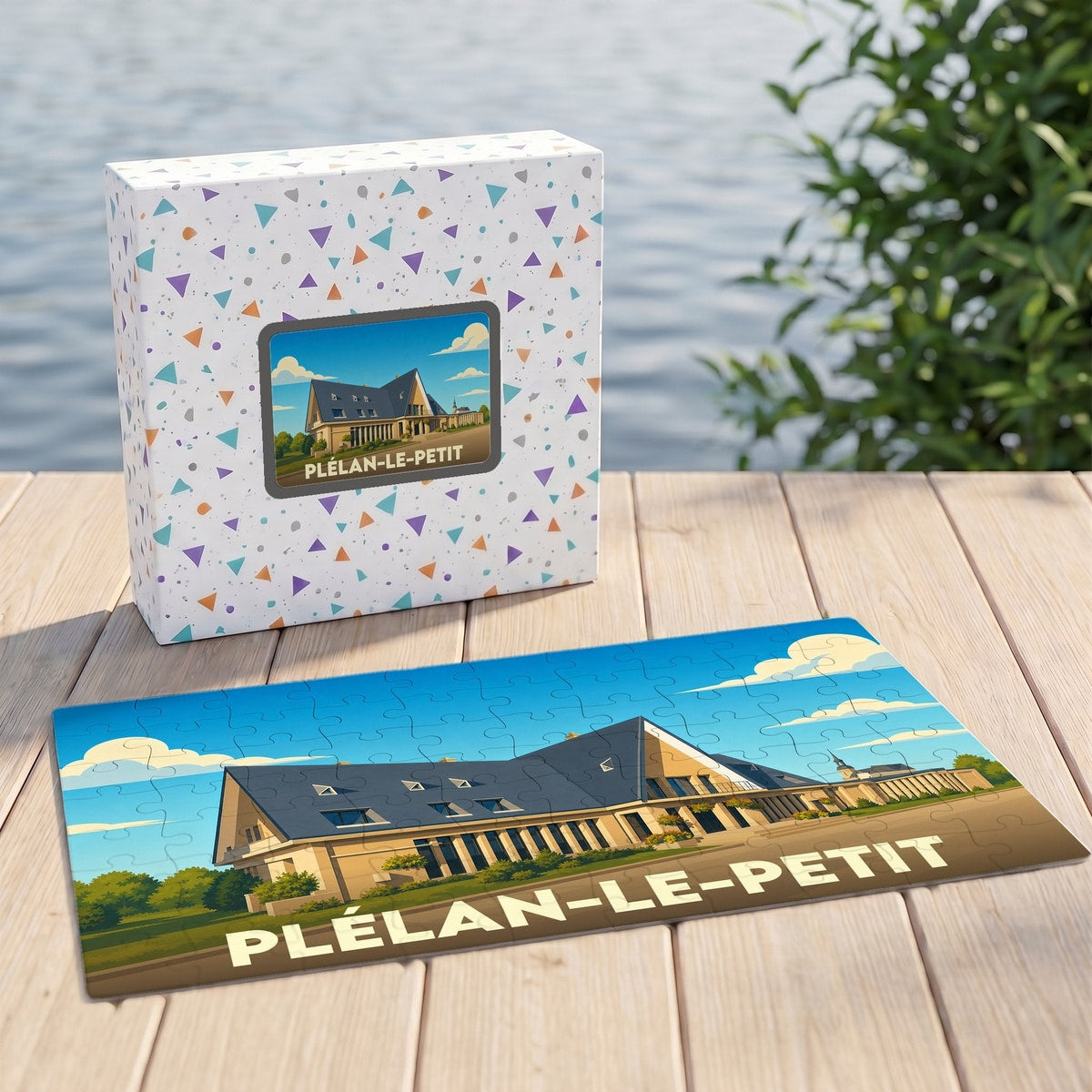 Puzzle souvenir de la ville de Plélan-le-Petit avec une illustration stylisée de son architecture.
