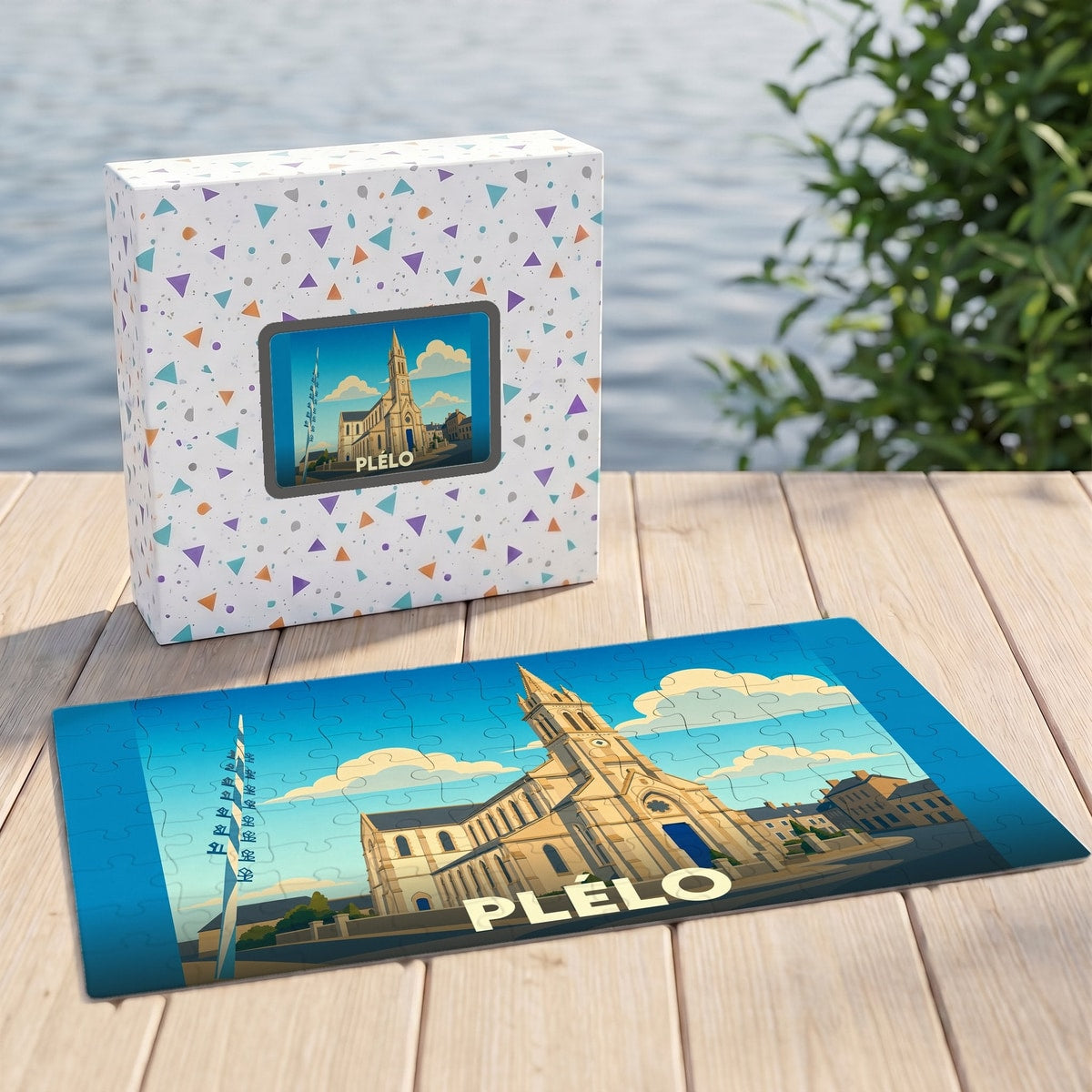 Puzzle souvenir de la ville de Plélo avec une illustration stylisée de son église.