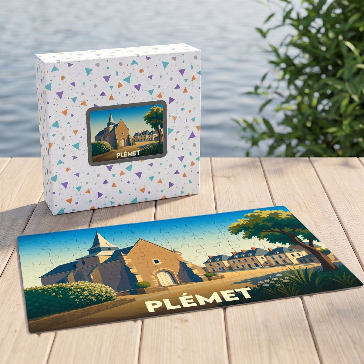 Puzzle souvenir de la ville de Plémet avec une illustration stylisée d'un paysage urbain.