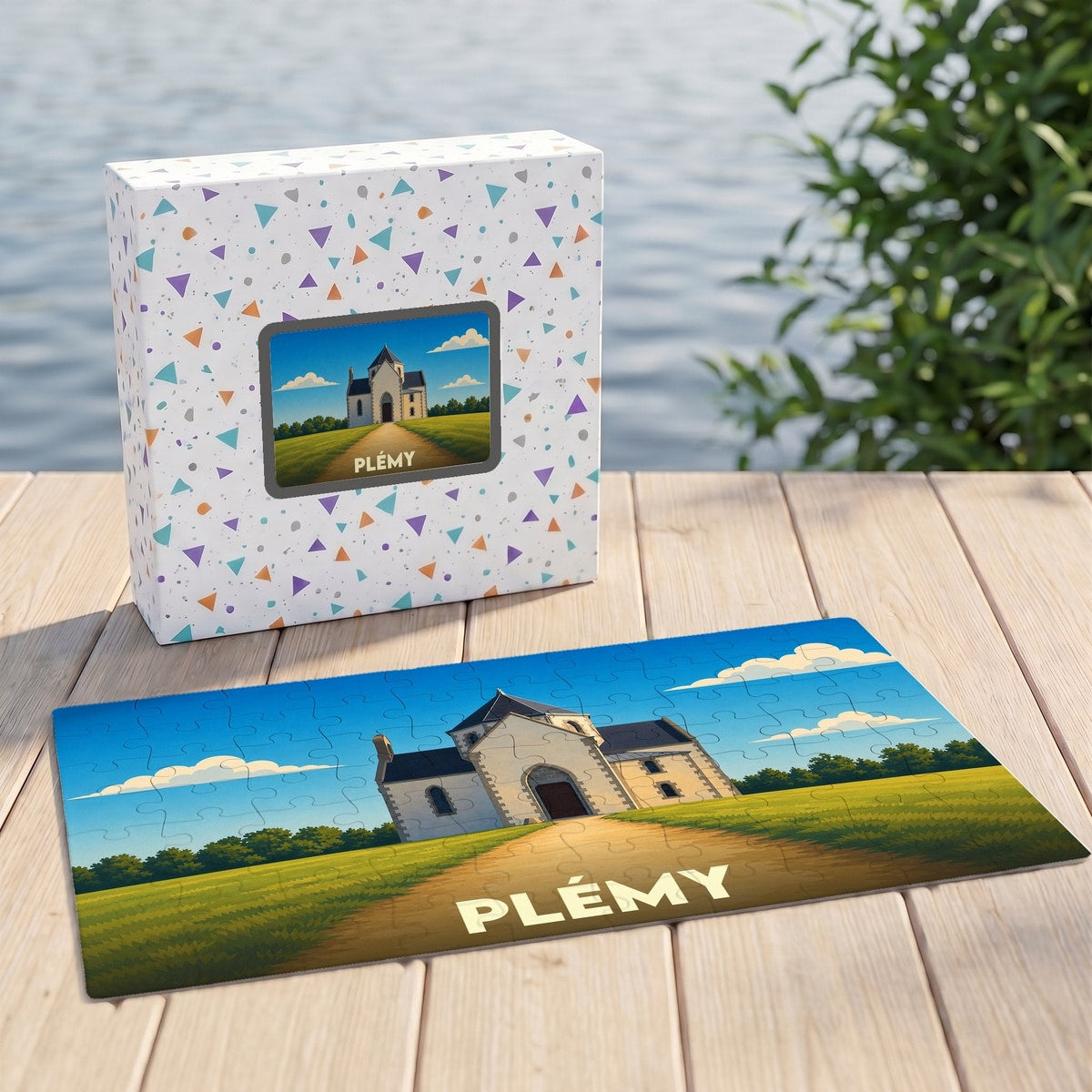 Puzzle souvenir de la ville de Plémy avec une illustration stylisée d'un bâtiment historique dans un paysage verdoyant.