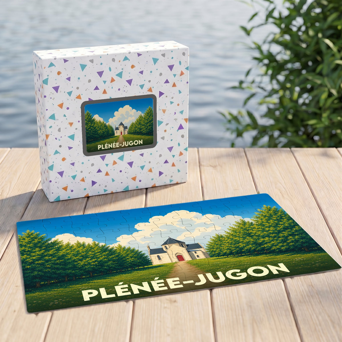 Puzzle souvenir de la ville de Plénée-Jugon avec une illustration stylisée et colorée.