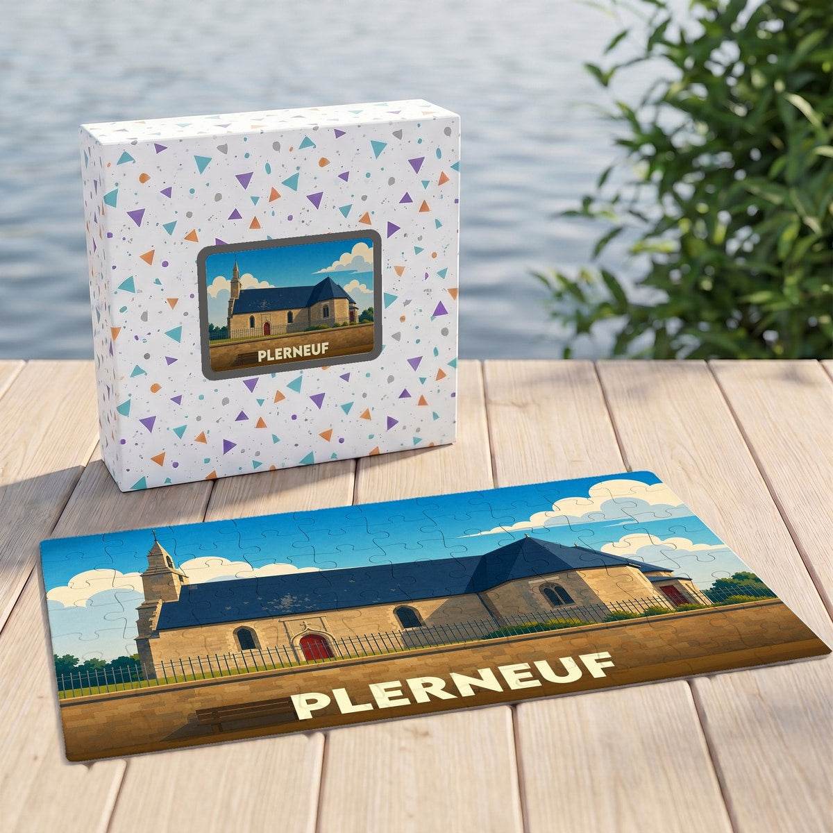 Puzzle souvenir de la ville de Plerneuf avec une illustration stylisée de son église.