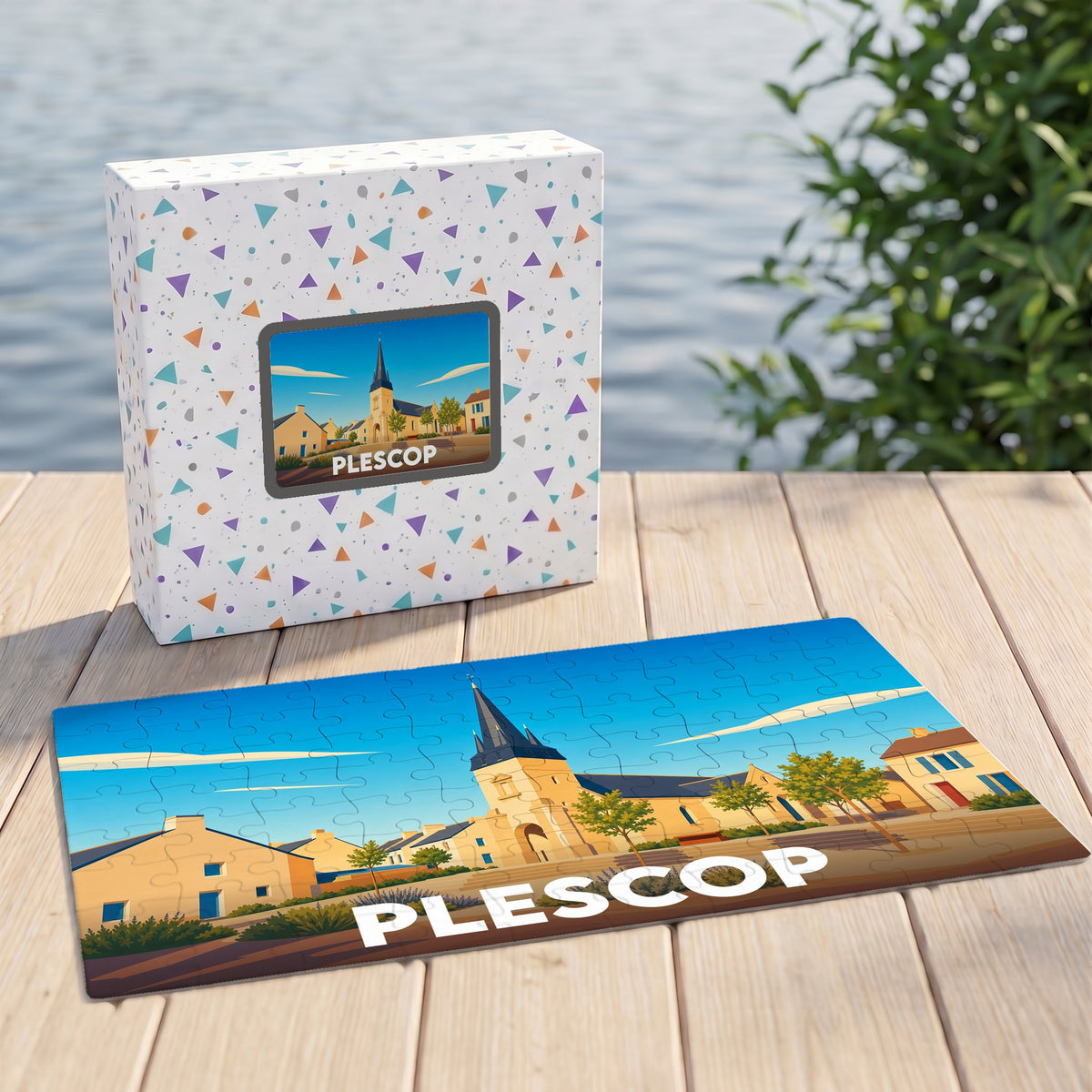 Puzzle souvenir de la ville de Plescop avec une illustration stylisée et colorée.