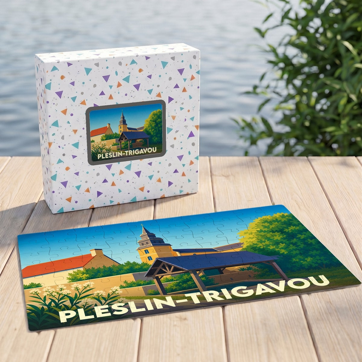 Puzzle souvenir de la ville de Pleslin-Trigavou avec une illustration stylisée et colorée.