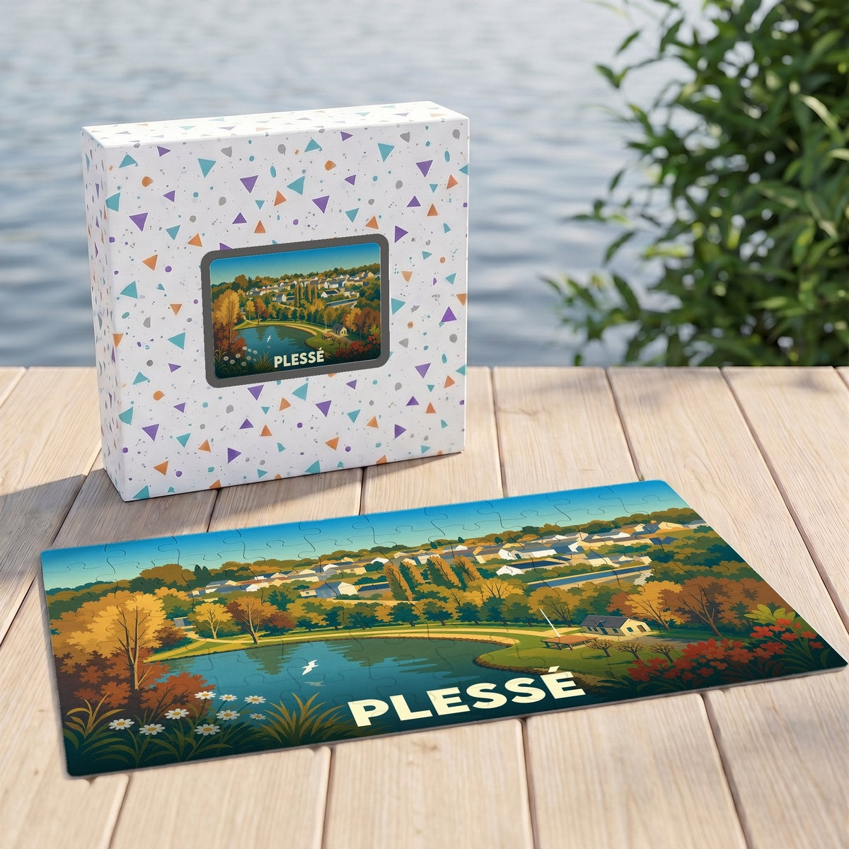 Puzzle souvenir de la ville de Plessé avec une illustration stylisée de son paysage.