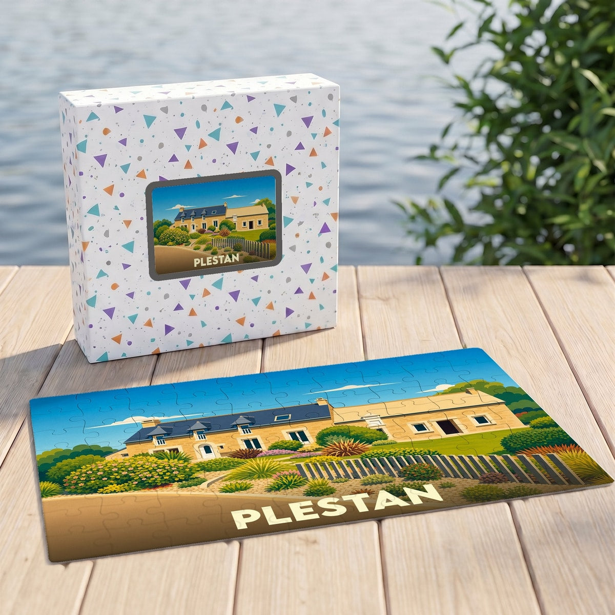 Puzzle souvenir de la ville de Plestan avec une illustration stylisée d'une maison traditionnelle.