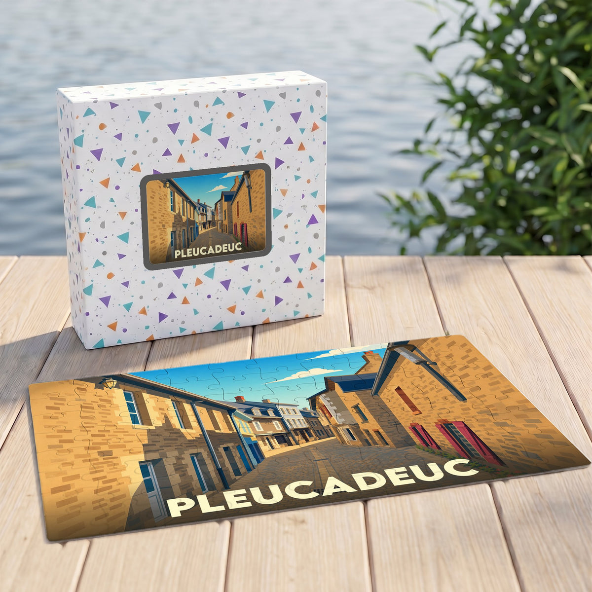 Puzzle souvenir de la ville de Pleucadeuc illustrant une rue pittoresque aux façades de pierre.
