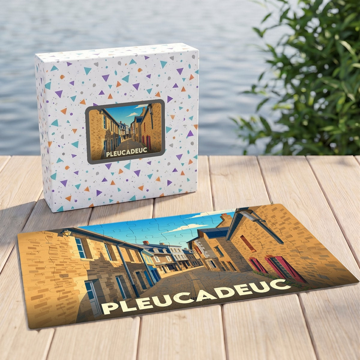 Puzzle souvenir de la ville de Pleucadeuc illustrant une rue pittoresque aux façades de pierre.