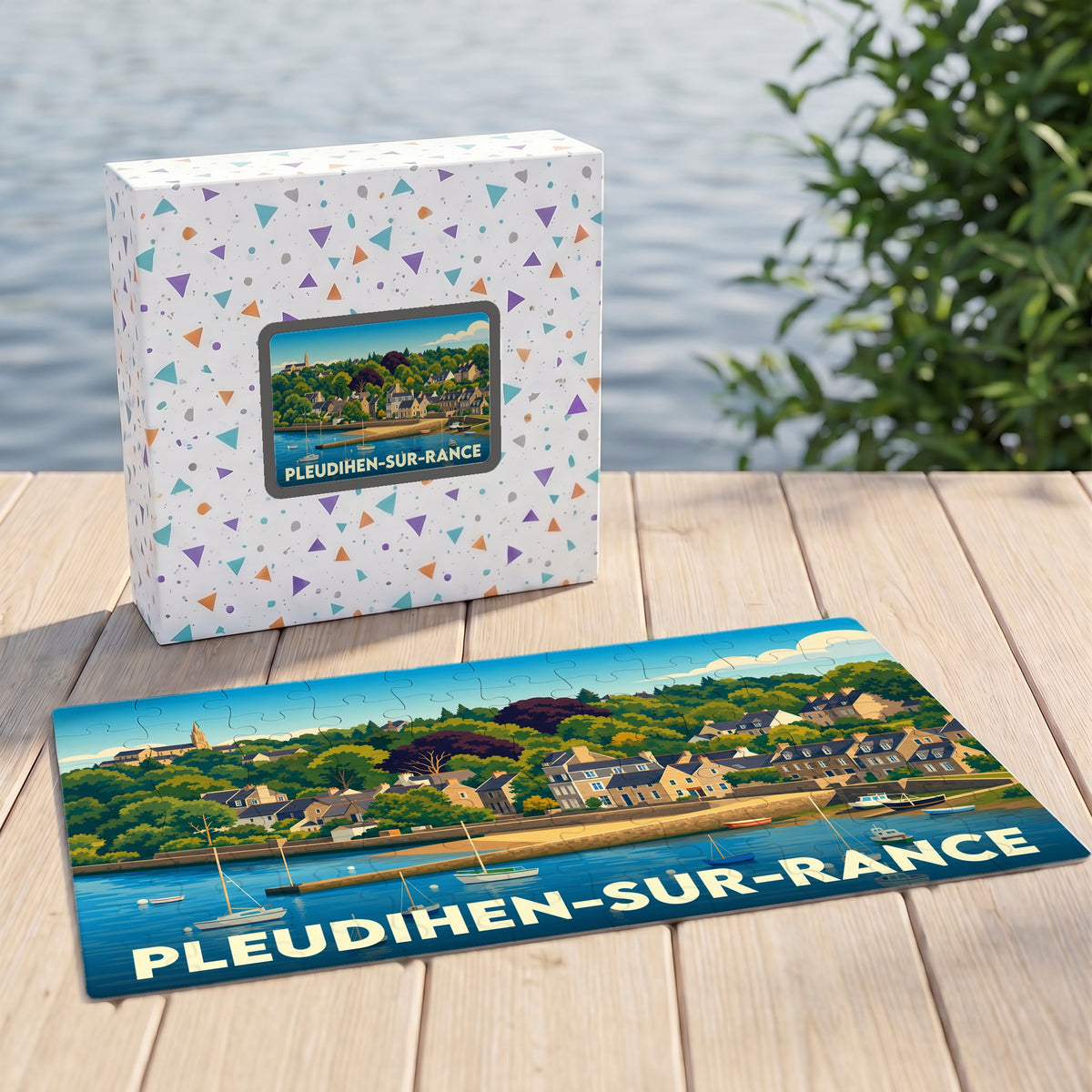 Puzzle souvenir de la ville de Pleudihen-sur-Rance avec une illustration stylisée de son front de mer.