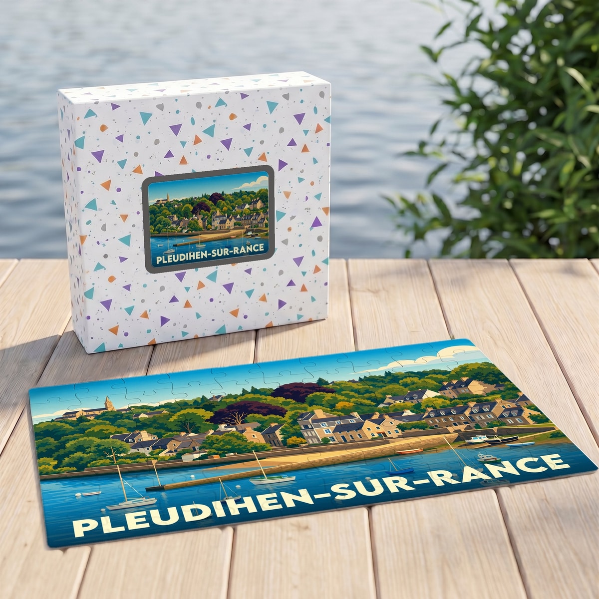 Puzzle souvenir de la ville de Pleudihen-sur-Rance avec une illustration stylisée de son front de mer.