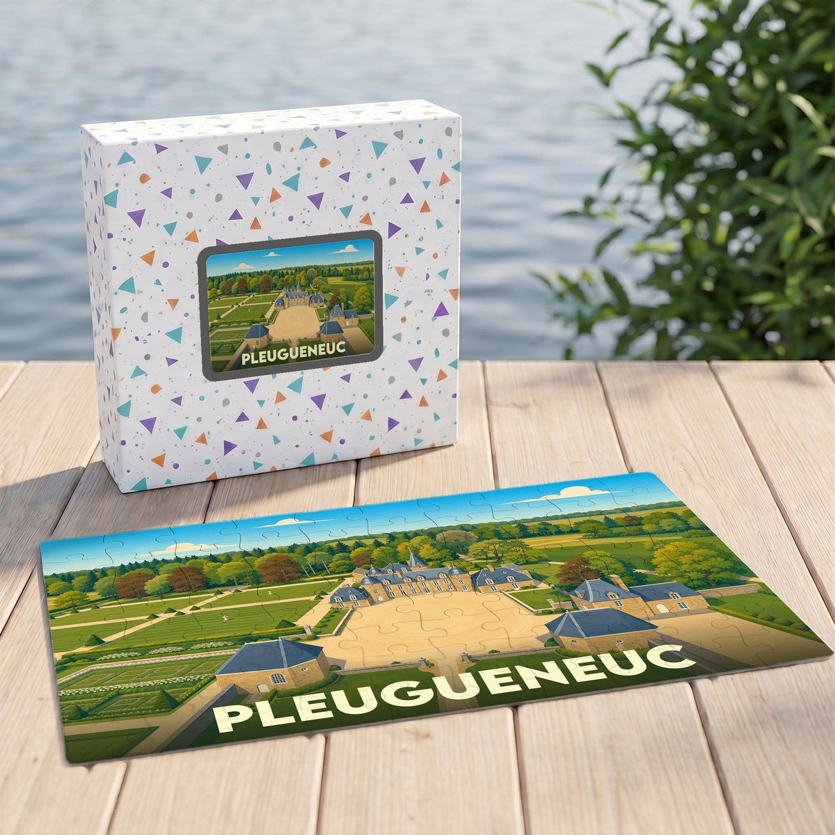 Puzzle souvenir de la ville de Pleugueneuc illustrant son château et ses jardins dans un style graphique.