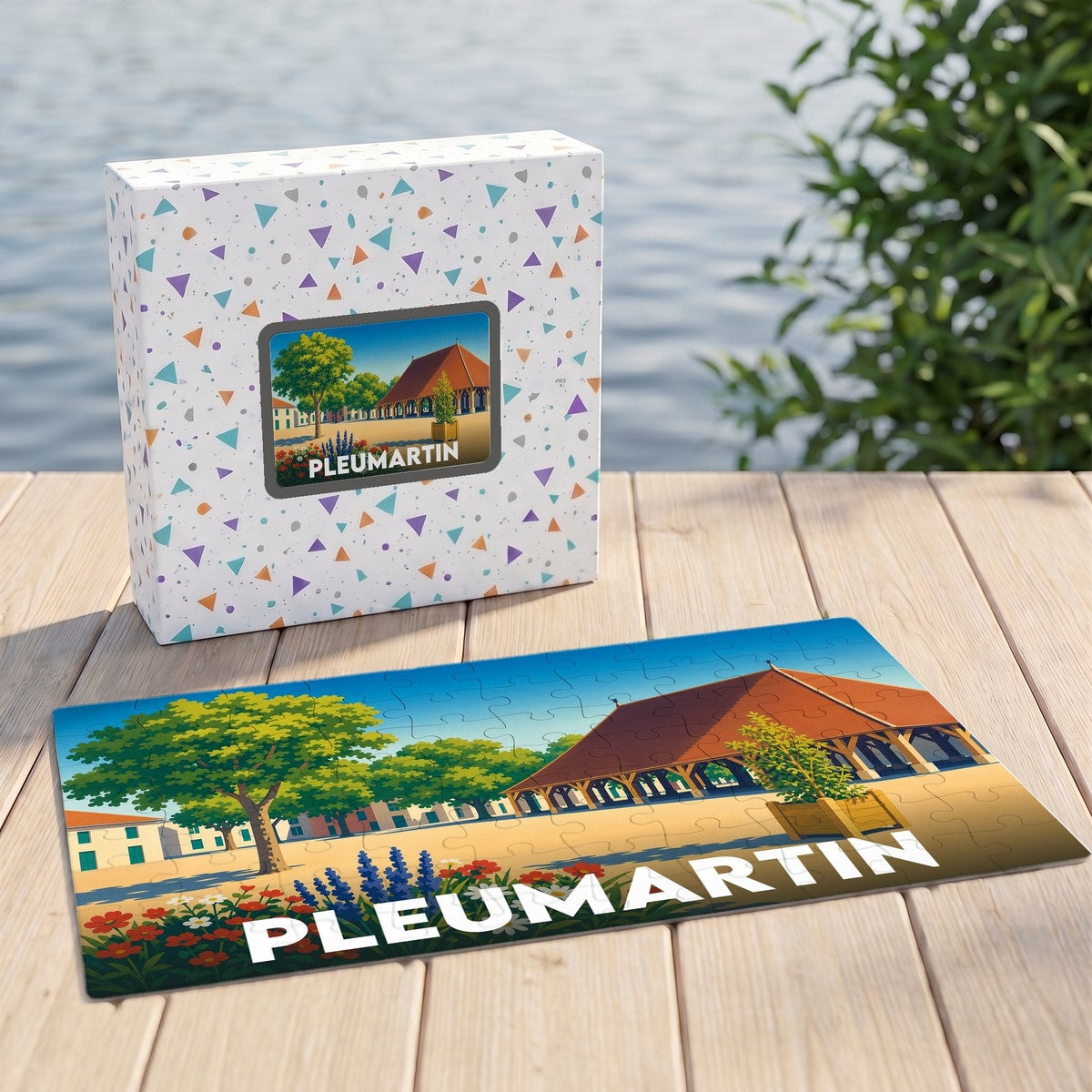 Puzzle souvenir de la ville de Pleumartin avec une illustration stylisée et colorée.