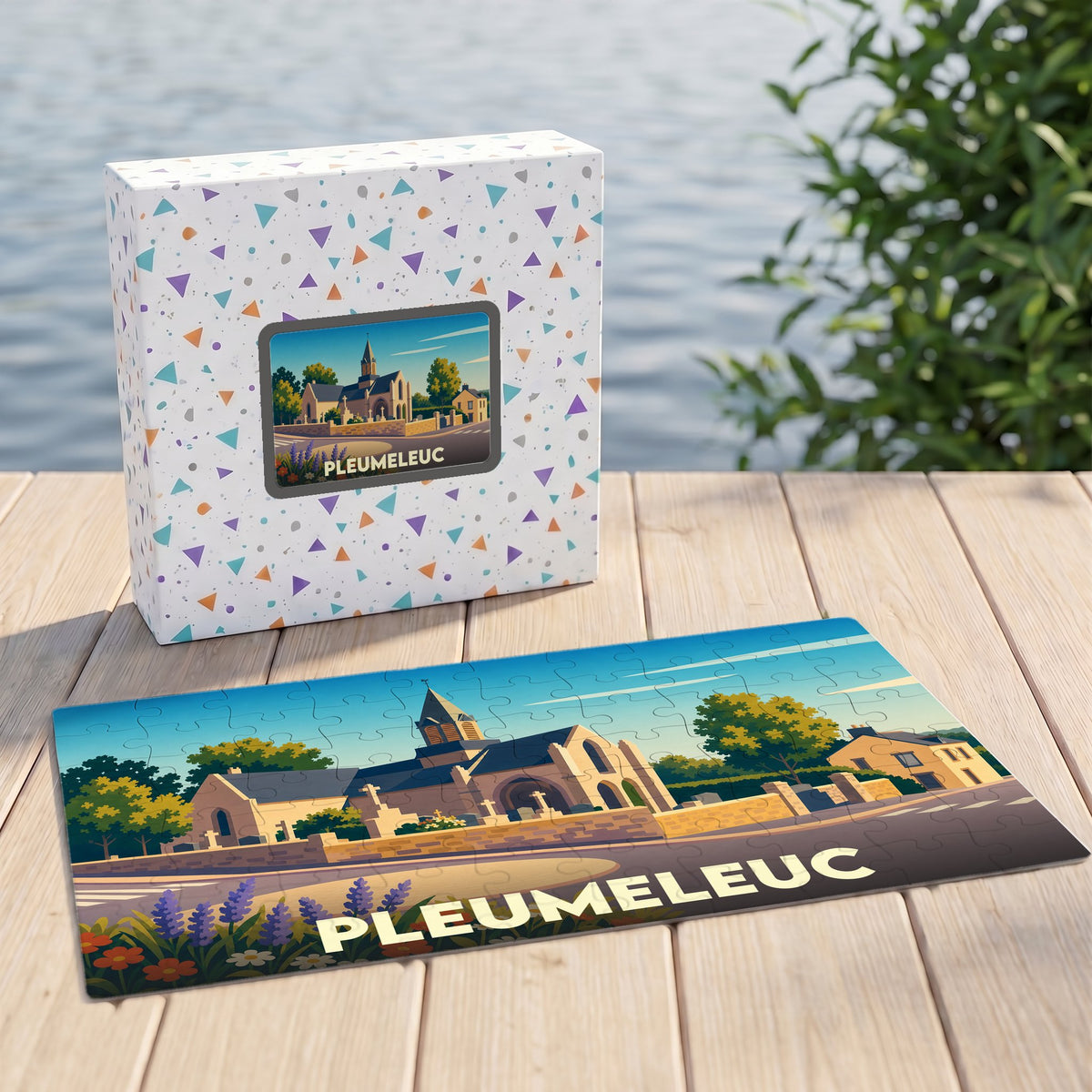 Puzzle souvenir de la ville de Pleumeleuc avec une illustration stylisée d'une église bretonne.