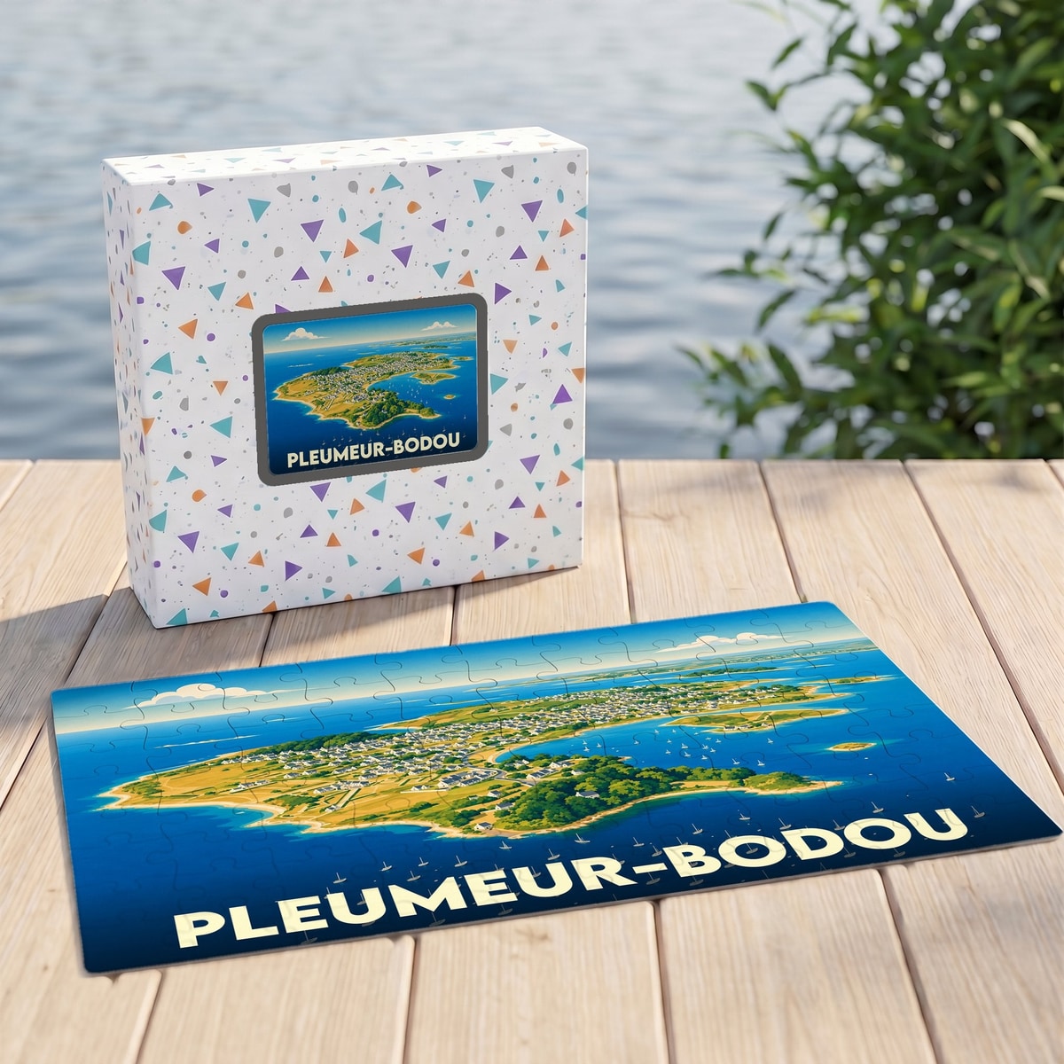 Puzzle souvenir de la ville de Pleumeur-Bodou illustrant une vue aérienne stylisée de la côte.