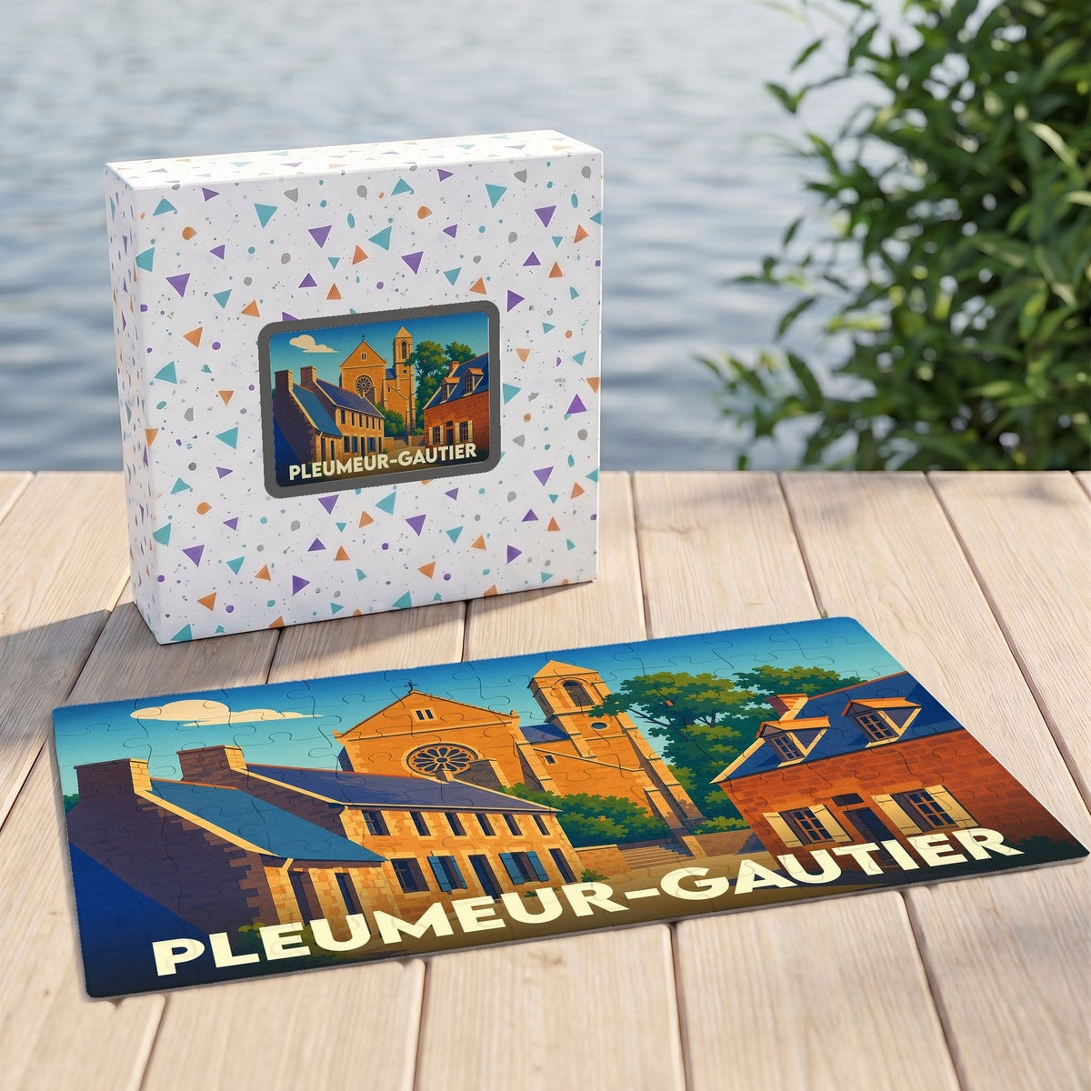 Puzzle souvenir de la ville de Pleumeur-Gautier avec son illustration stylisée et sa boîte assortie.