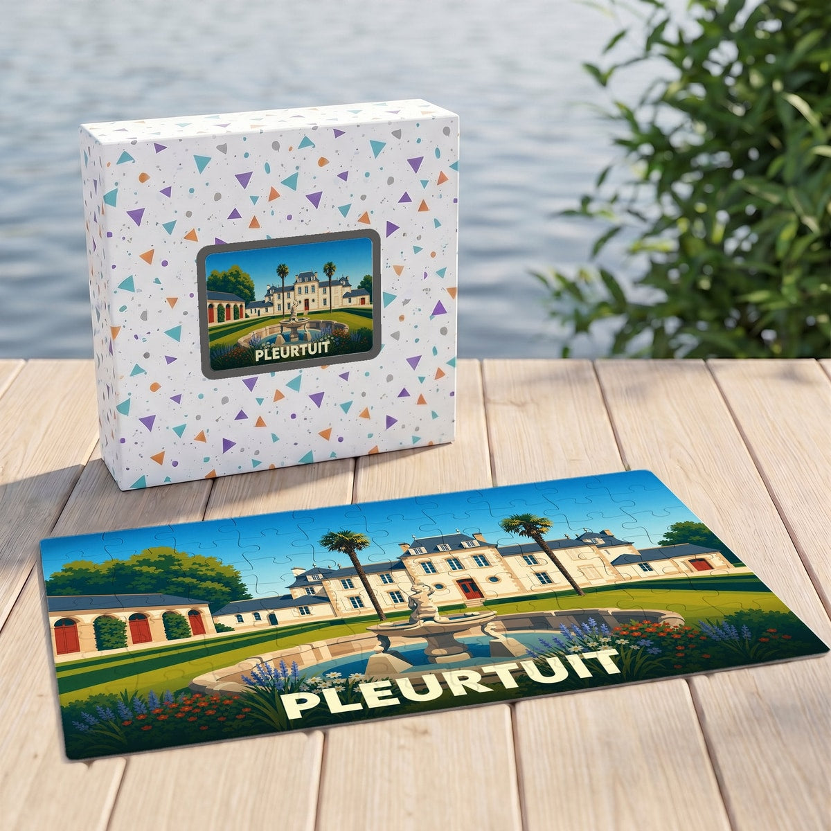 Puzzle souvenir de la ville de Pleurtuit représentant une grande demeure avec jardin et fontaine.