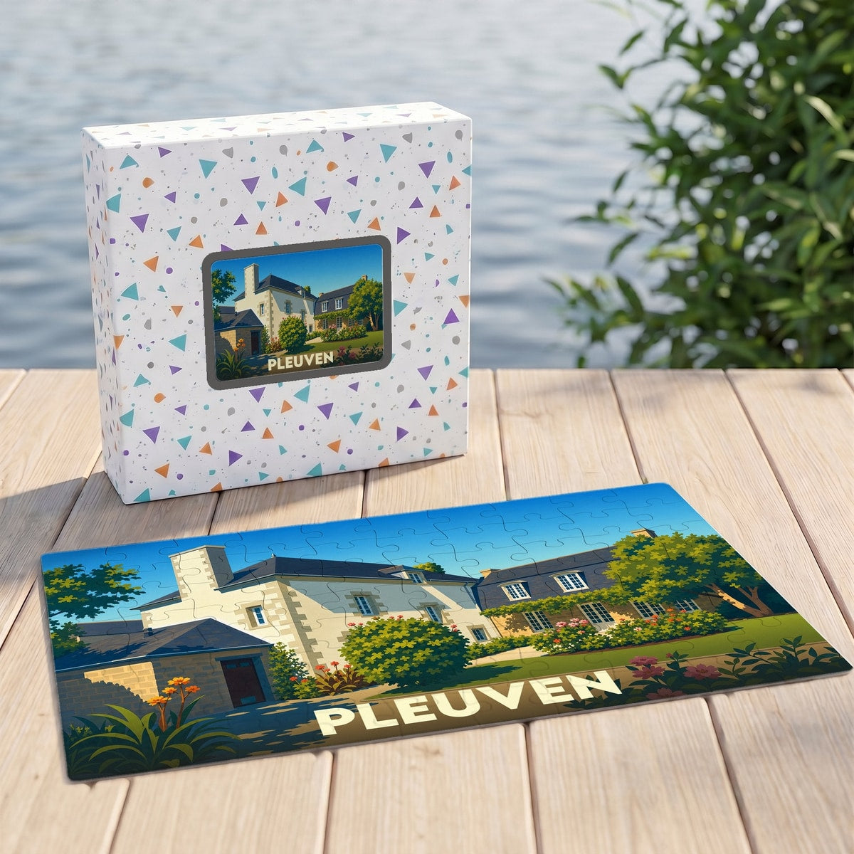 Puzzle souvenir de la ville de Pleuven représentant une illustration stylisée d'un manoir breton.