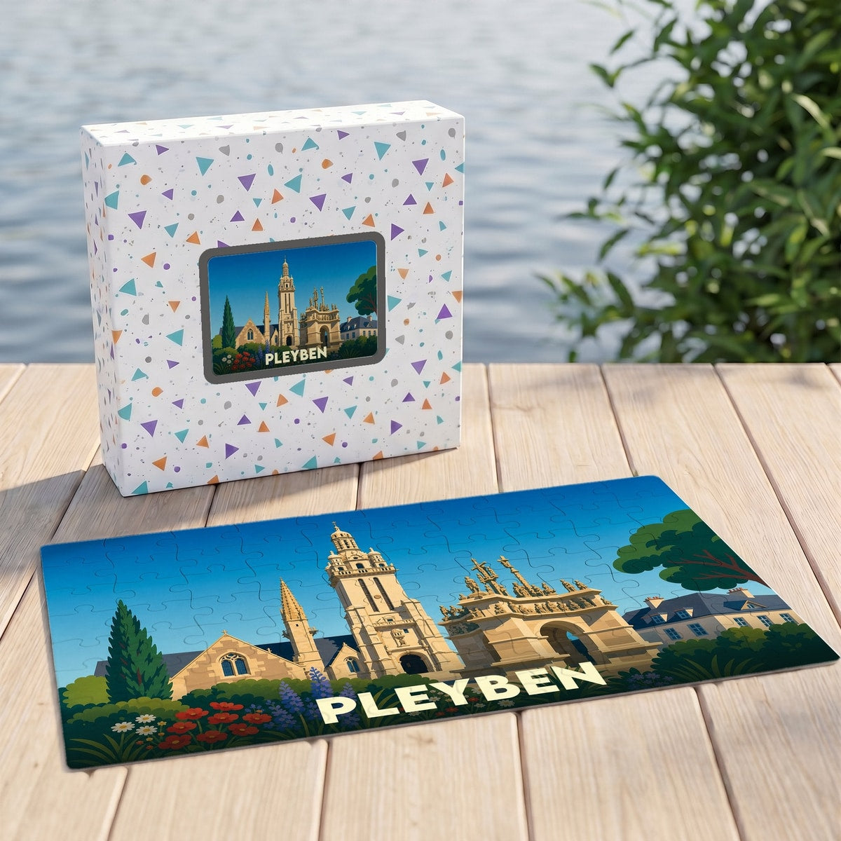 Puzzle souvenir de la ville de Pleyben avec une illustration stylisée de son enclos paroissial.