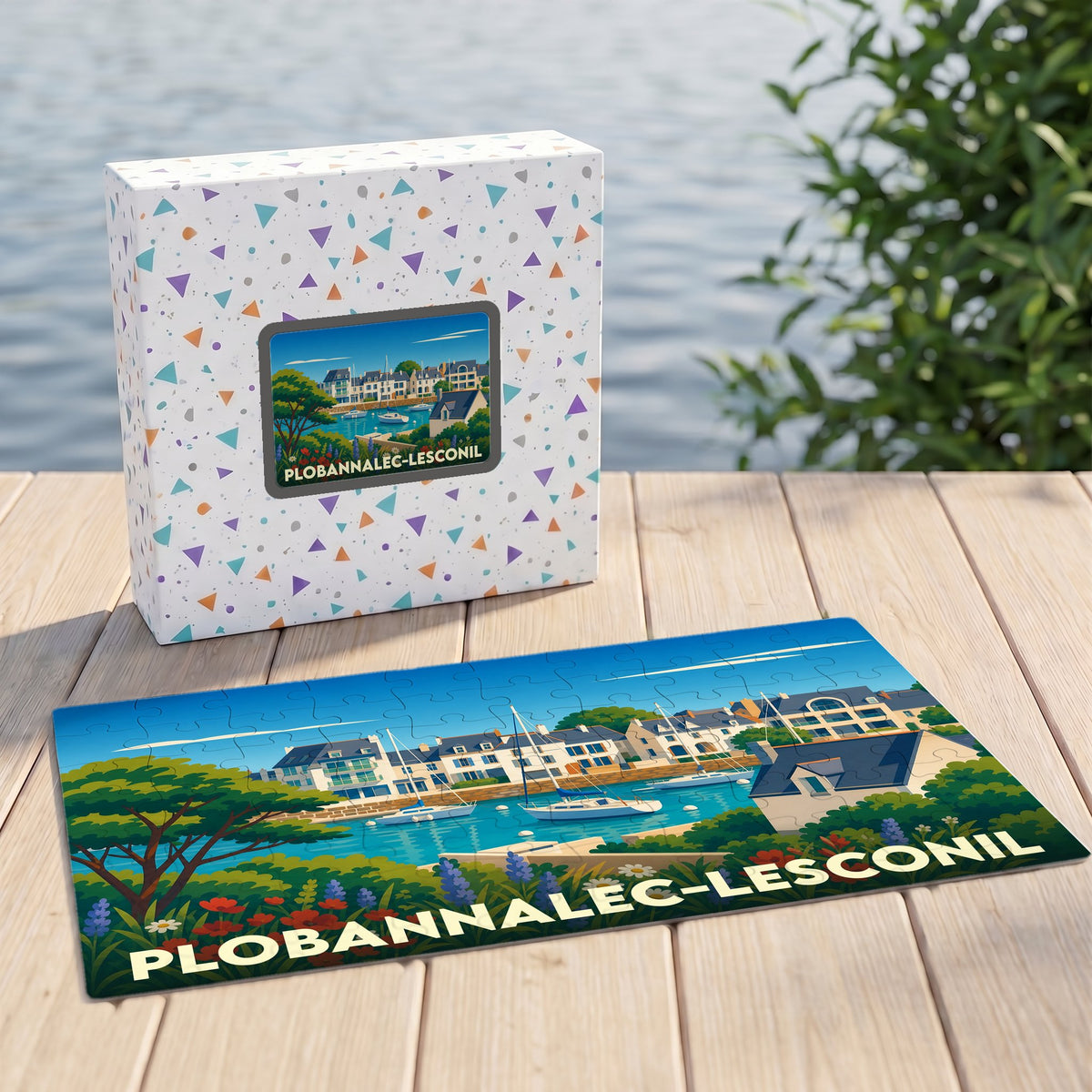 Puzzle souvenir de la ville de Plobannalec-Lesconil avec une illustration stylisée de son port.