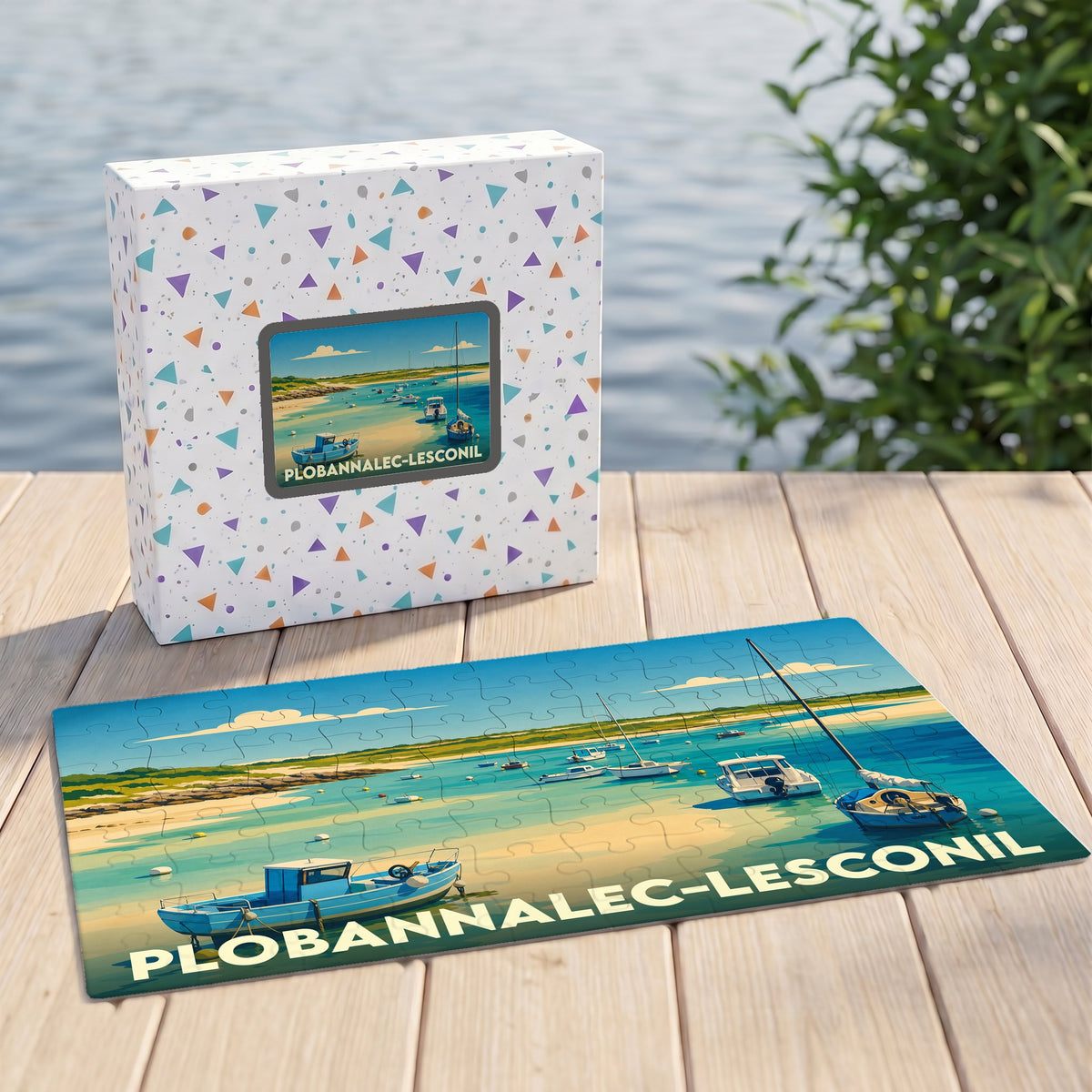 Puzzle souvenir de Plobannalec-Lesconil représentant une illustration stylisée de son port et de ses bateaux.