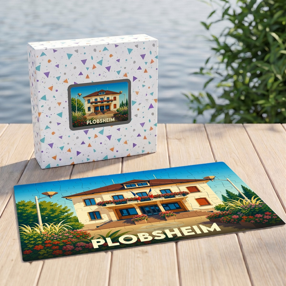 Puzzle souvenir de la ville de Plobsheim avec une illustration colorée de sa mairie.