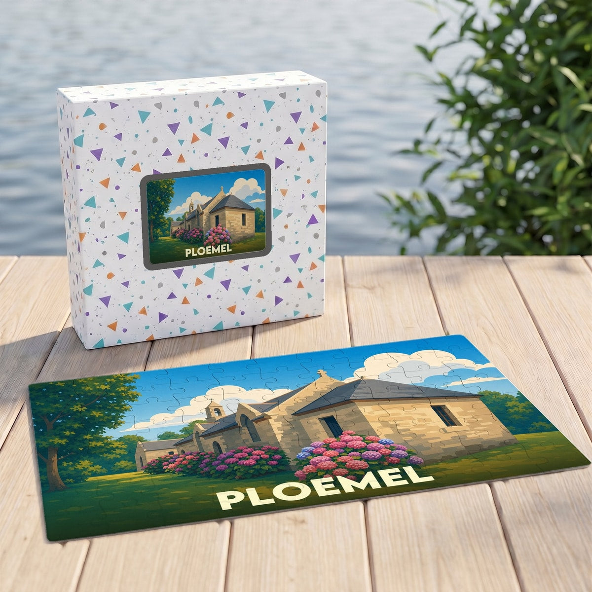 Puzzle souvenir de la ville de Ploemel illustrant une chapelle bretonne entourée d'hortensias.