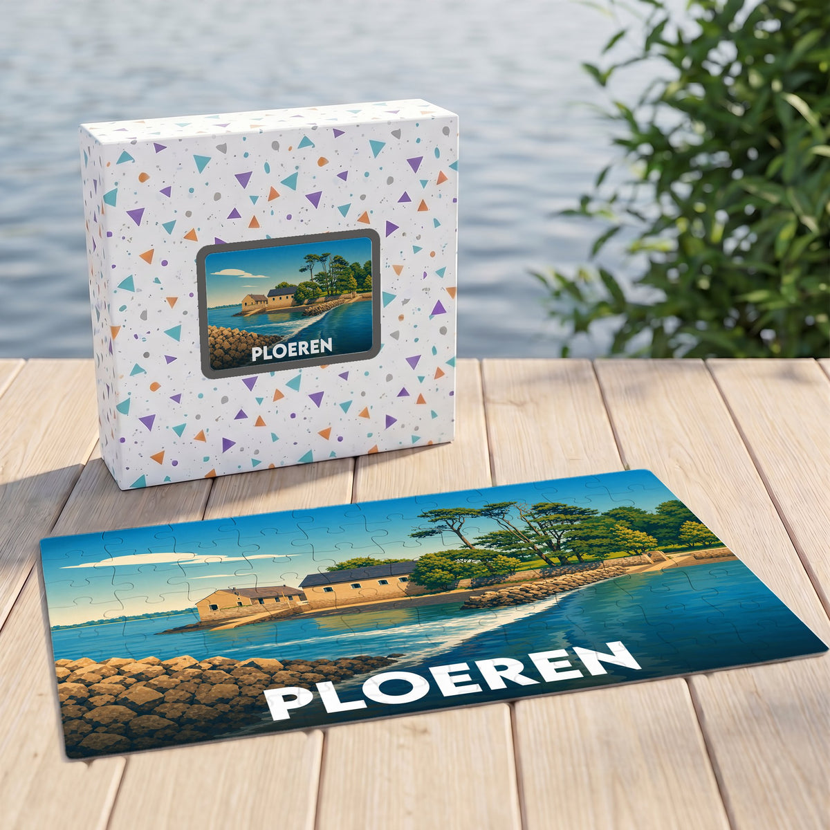 Puzzle souvenir de la ville de Ploeren avec une illustration côtière stylisée.