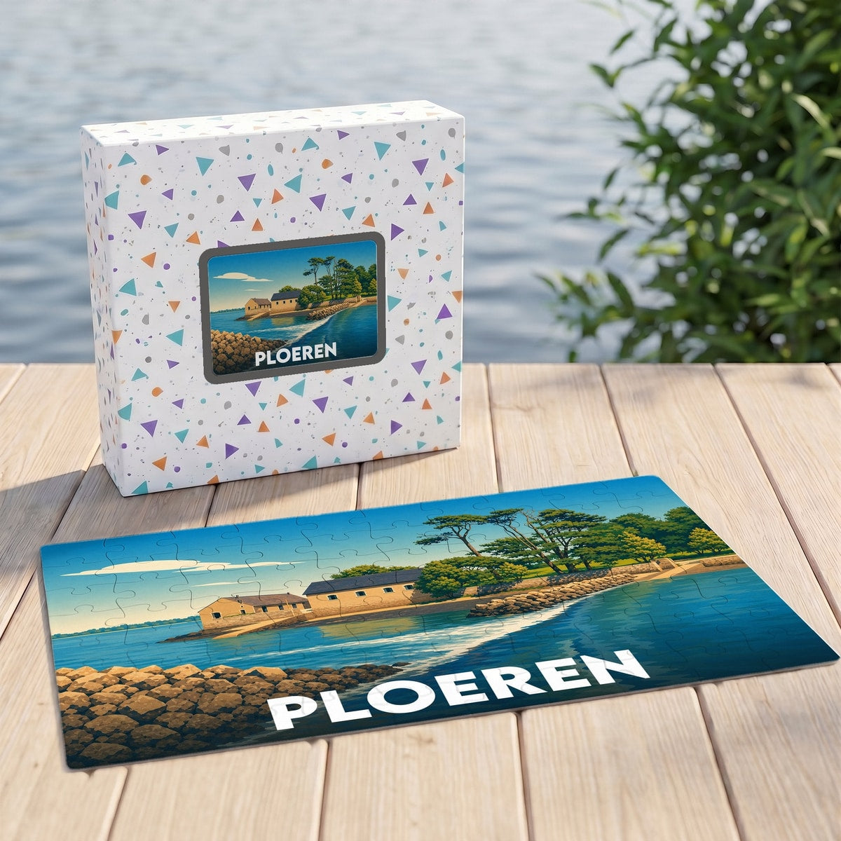 Puzzle souvenir de la ville de Ploeren avec une illustration côtière stylisée.