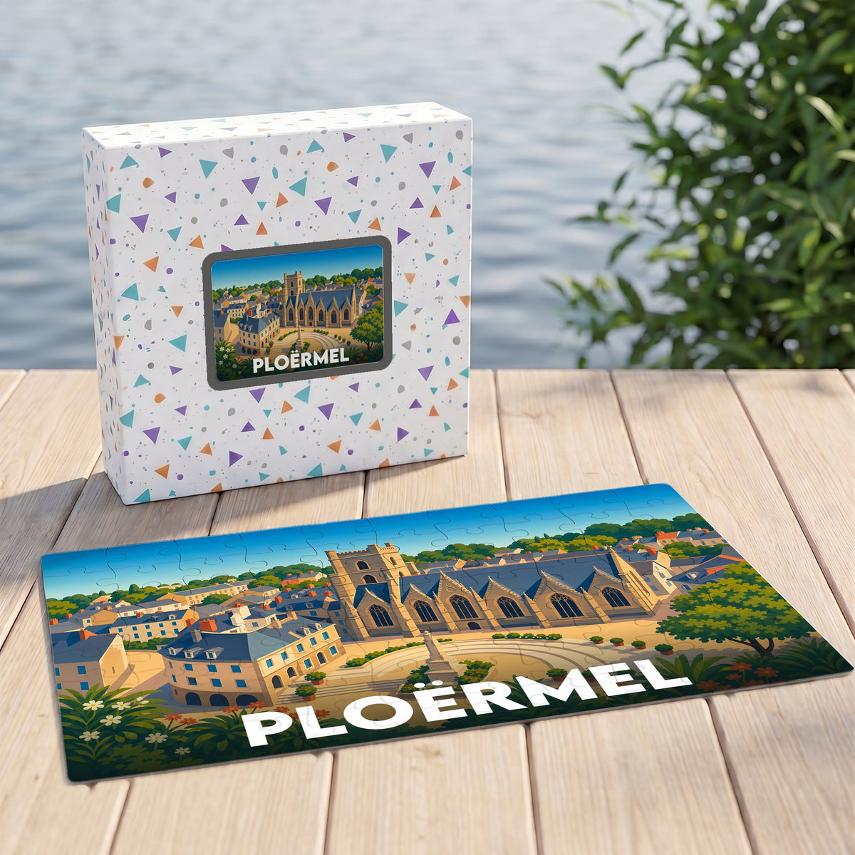 Puzzle souvenir de la ville de Ploërmel avec une illustration colorée du centre historique et de son église.