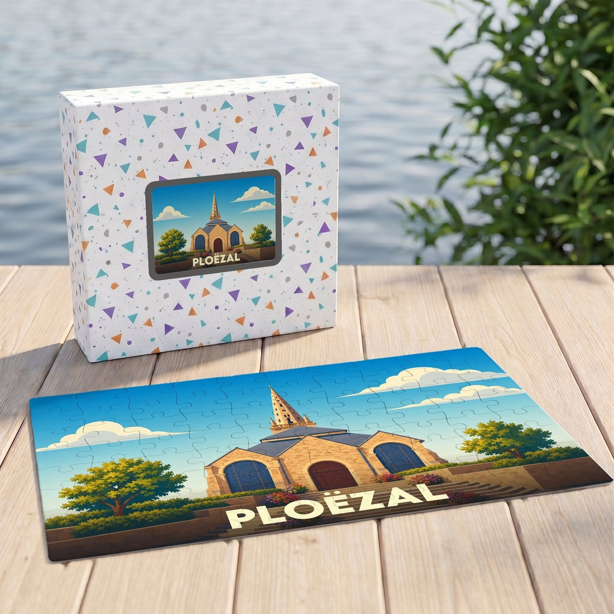 Puzzle souvenir de la ville de Ploëzal avec une illustration stylisée de son église.