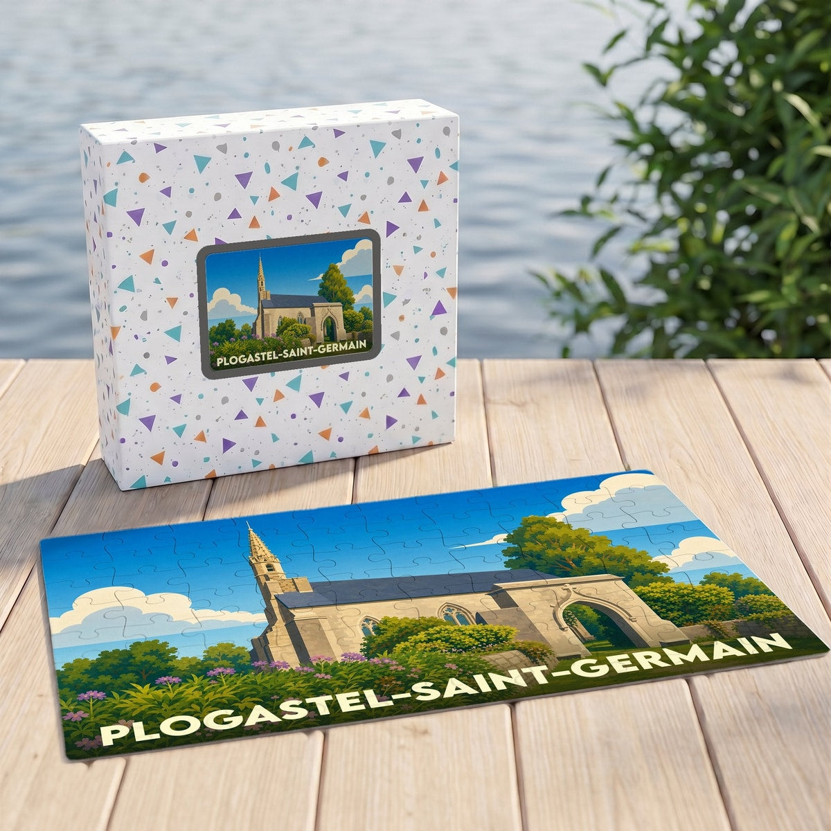 Puzzle souvenir de la ville de Plogastel-Saint-Germain avec une illustration stylisée d'une église bretonne.