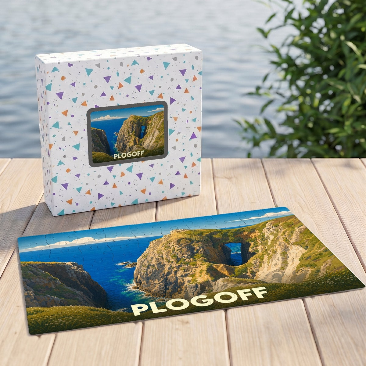 Puzzle souvenir de la ville de Plogoff illustrant une côte rocheuse escarpée.