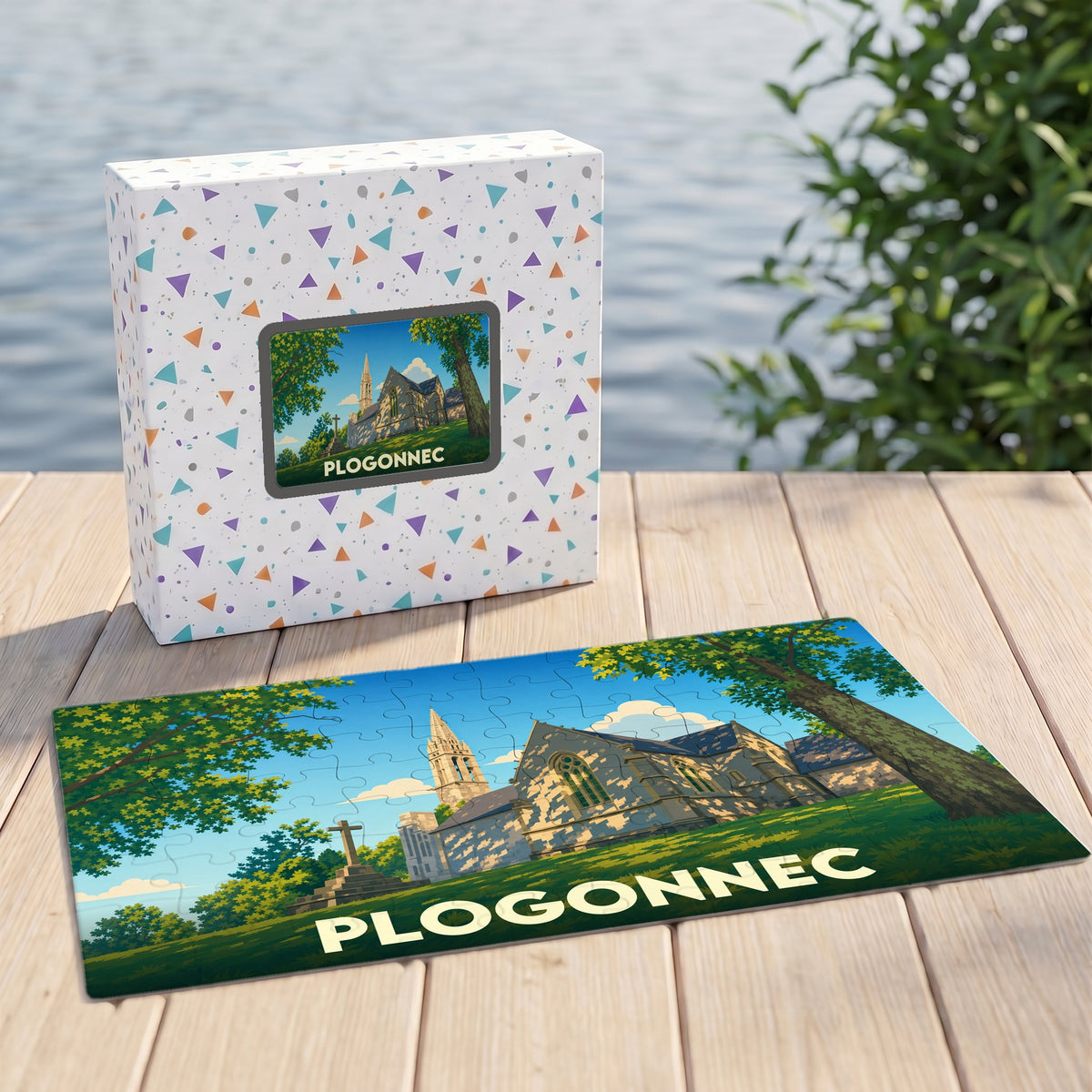 Puzzle souvenir de la ville de Plogonnec avec une illustration stylisée de son église.