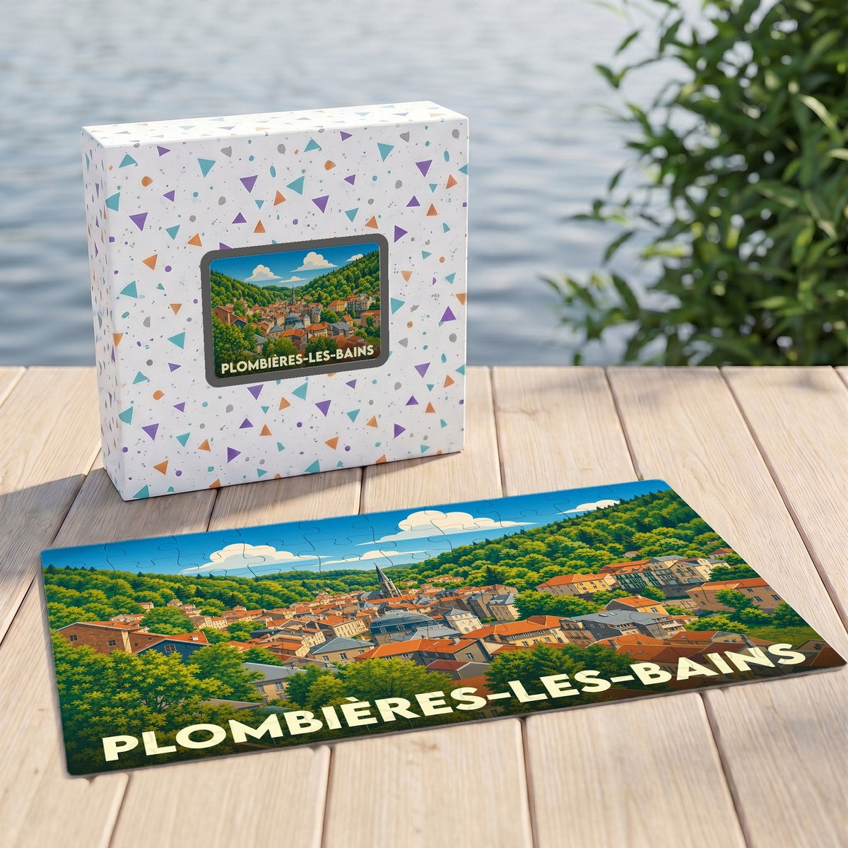 Puzzle souvenir de la ville de Plombières-les-Bains avec une illustration stylisée de son paysage urbain niché dans la vallée.