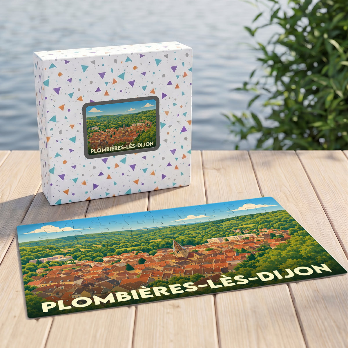Puzzle souvenir de la ville de Plombières-lès-Dijon avec une illustration panoramique stylisée.