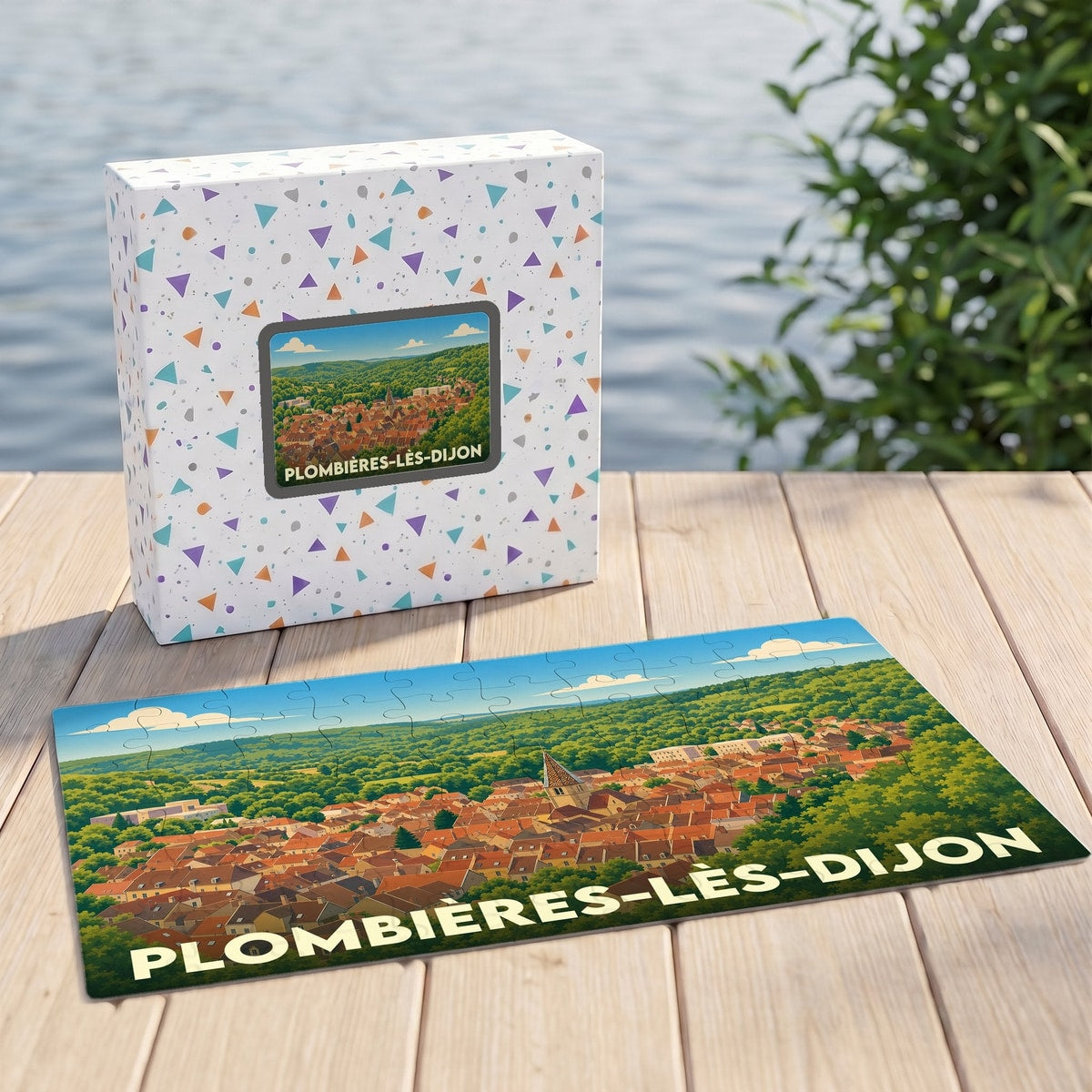 Puzzle souvenir de la ville de Plombières-lès-Dijon avec une illustration panoramique stylisée.