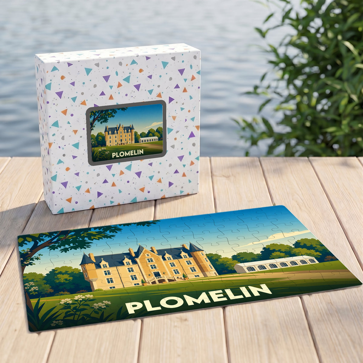 Puzzle souvenir de la ville de Plomelin avec une illustration stylisée d'un château.