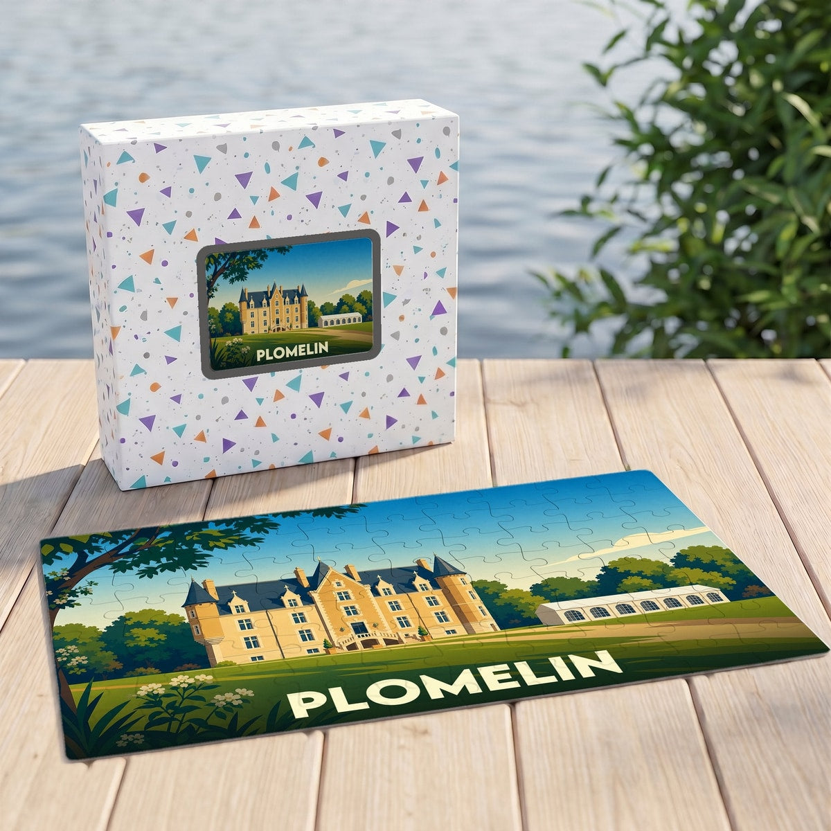 Puzzle souvenir de la ville de Plomelin avec une illustration stylisée d'un château.