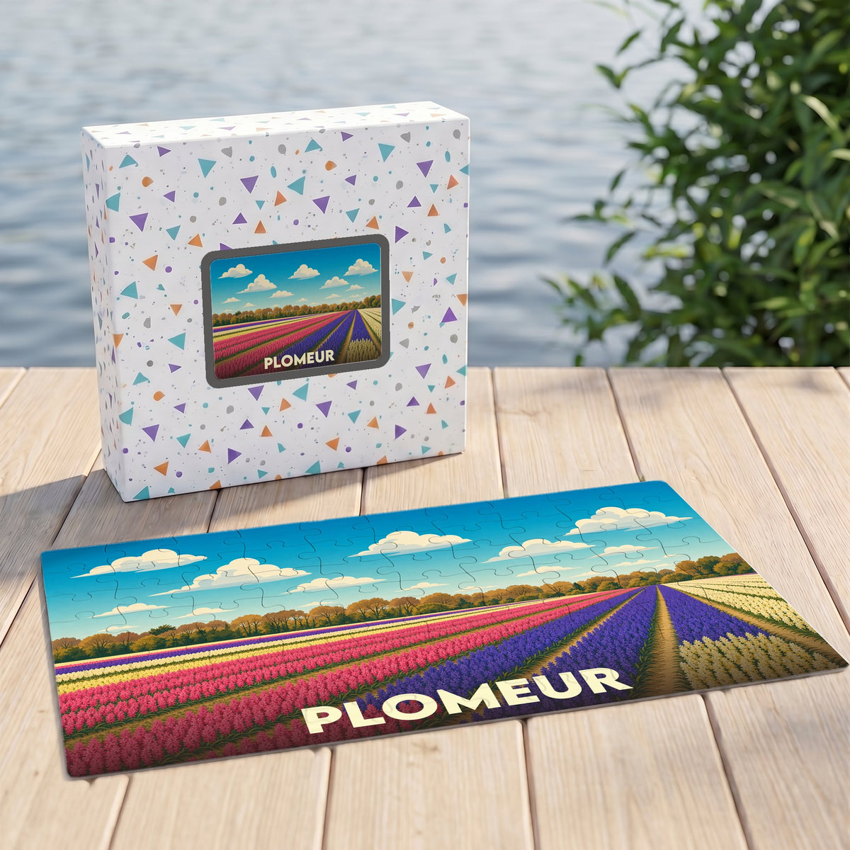 Puzzle souvenir de la ville de Plomeur représentant un champ de fleurs coloré avec une illustration stylisée.