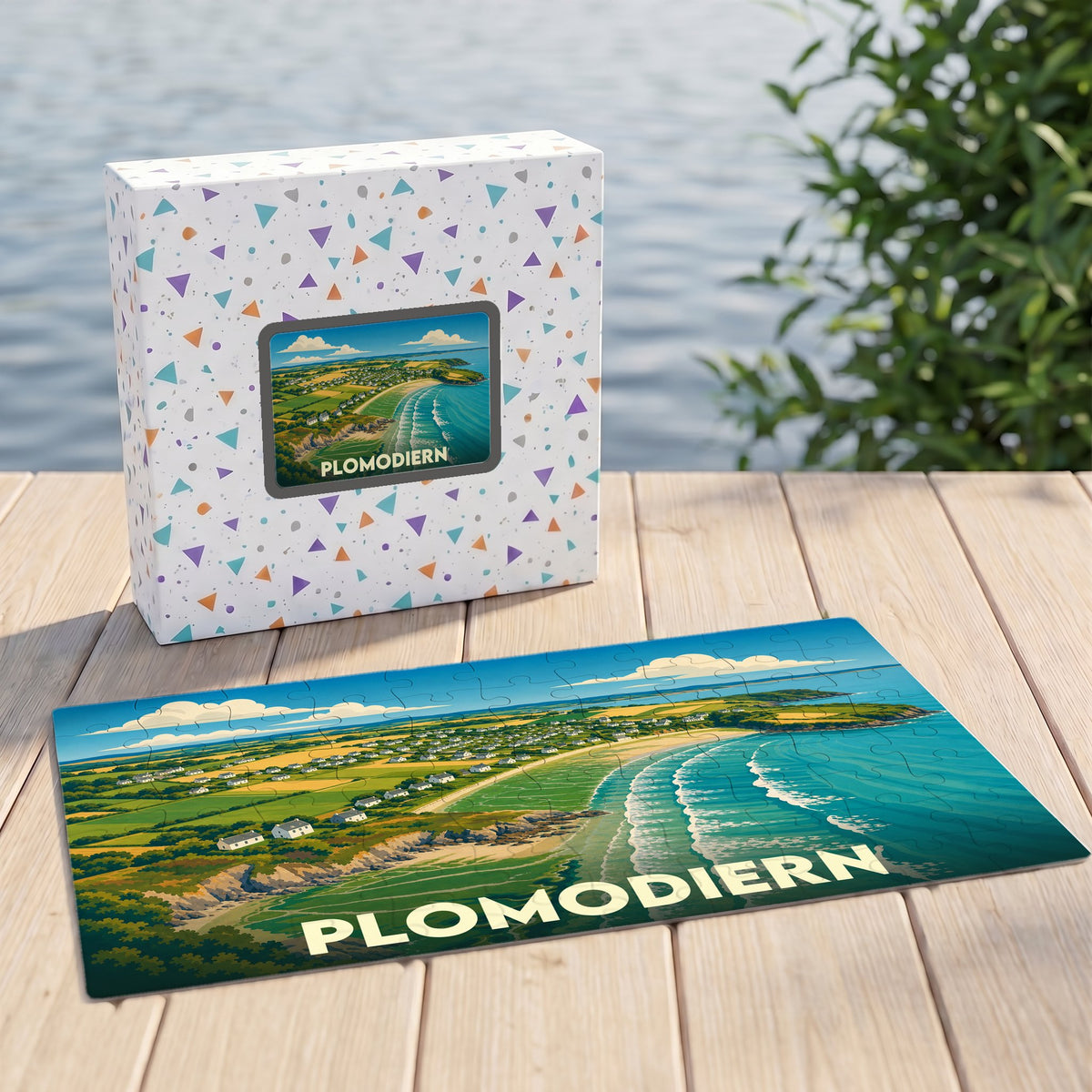 Puzzle souvenir de la ville de Plomodiern avec une illustration stylisée de son paysage côtier.