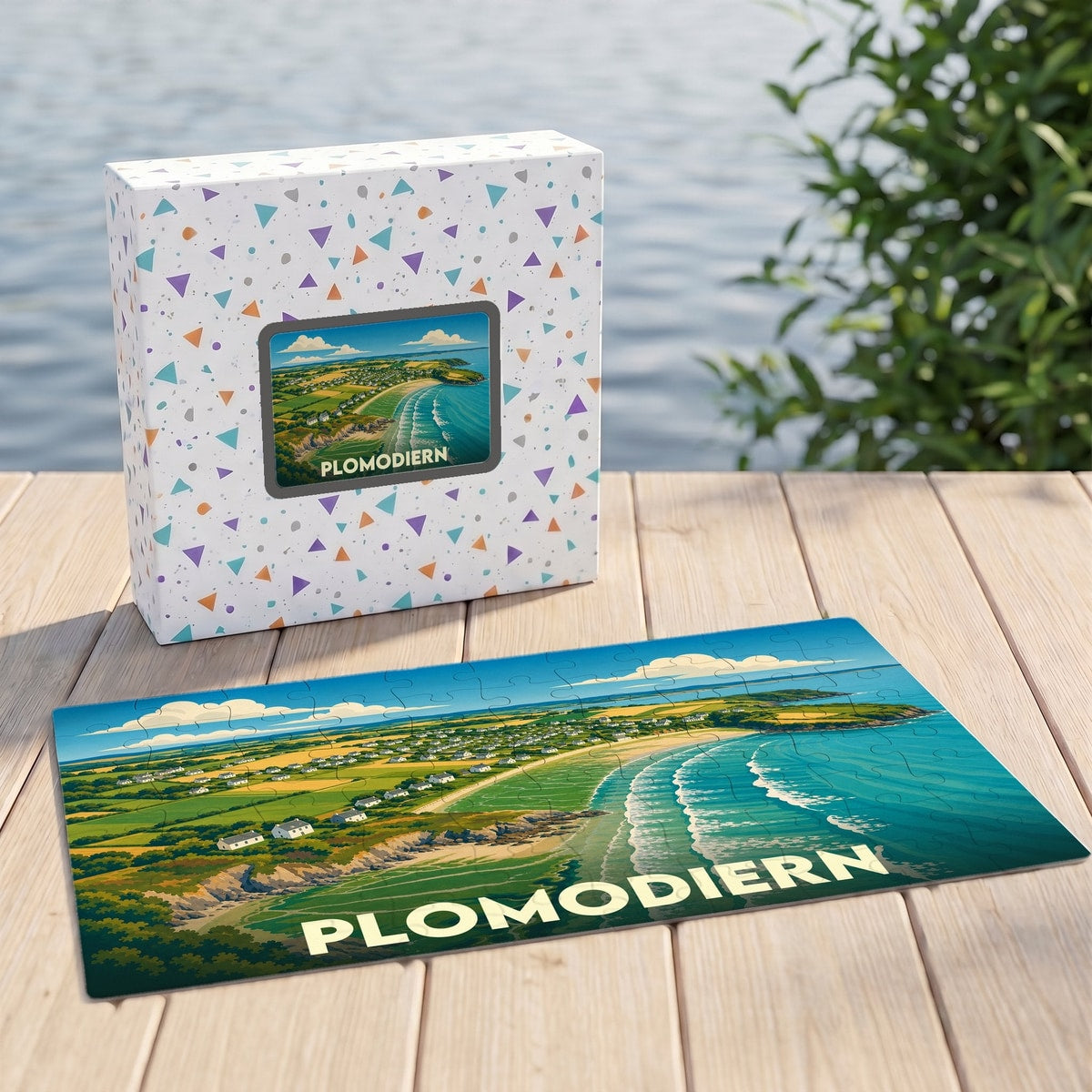 Puzzle souvenir de la ville de Plomodiern avec une illustration stylisée de son paysage côtier.
