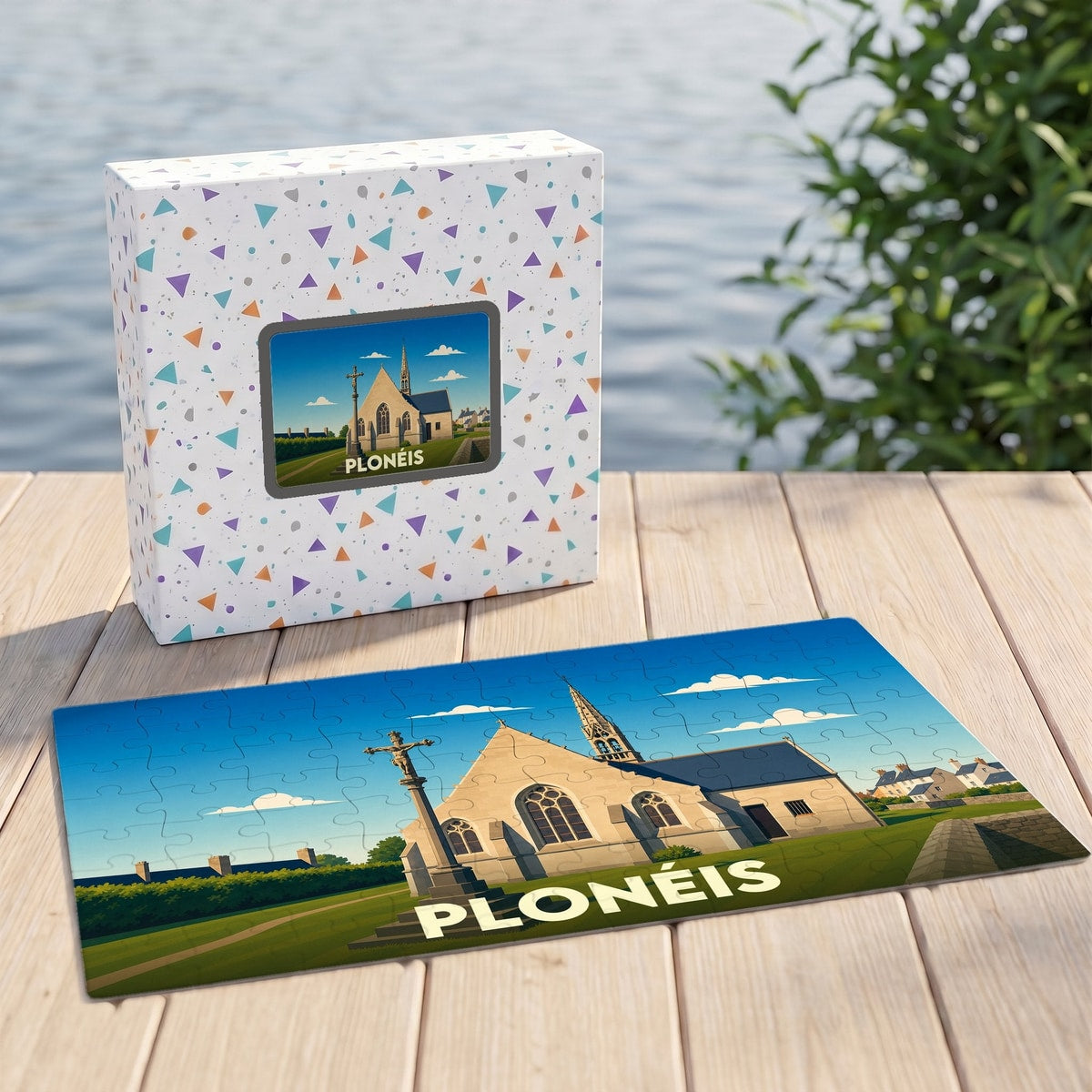 Puzzle souvenir de la ville de Plonéis avec une illustration stylisée de son église.