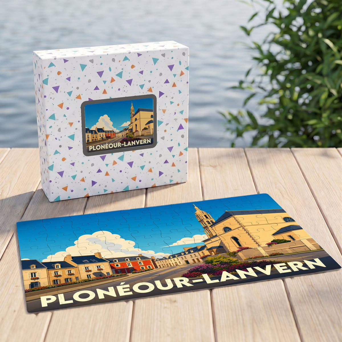 Puzzle souvenir de la ville de Plonéour-Lanvern avec une illustration stylisée et colorée.