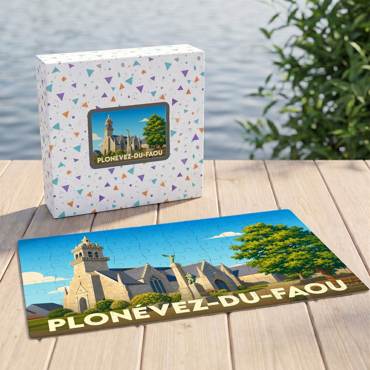 Puzzle souvenir de la ville de Plonévez-du-Faou présentant une illustration stylisée de son église et de son calvaire.