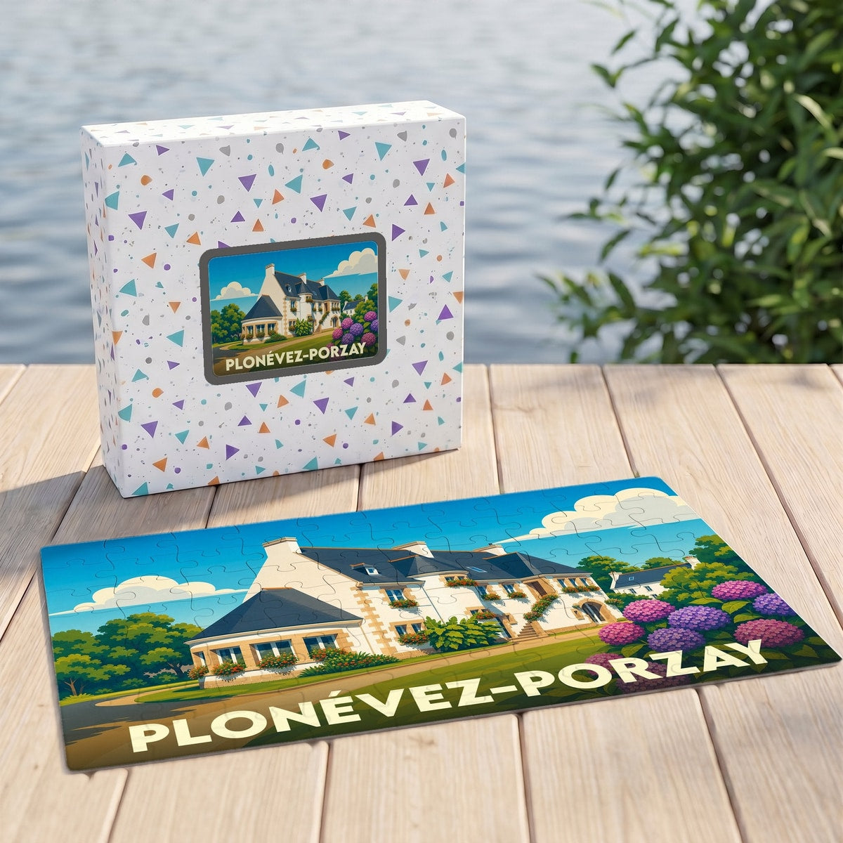 Puzzle souvenir de la ville de Plonévez-Porzay avec une illustration colorée et stylisée d'une maison traditionnelle.