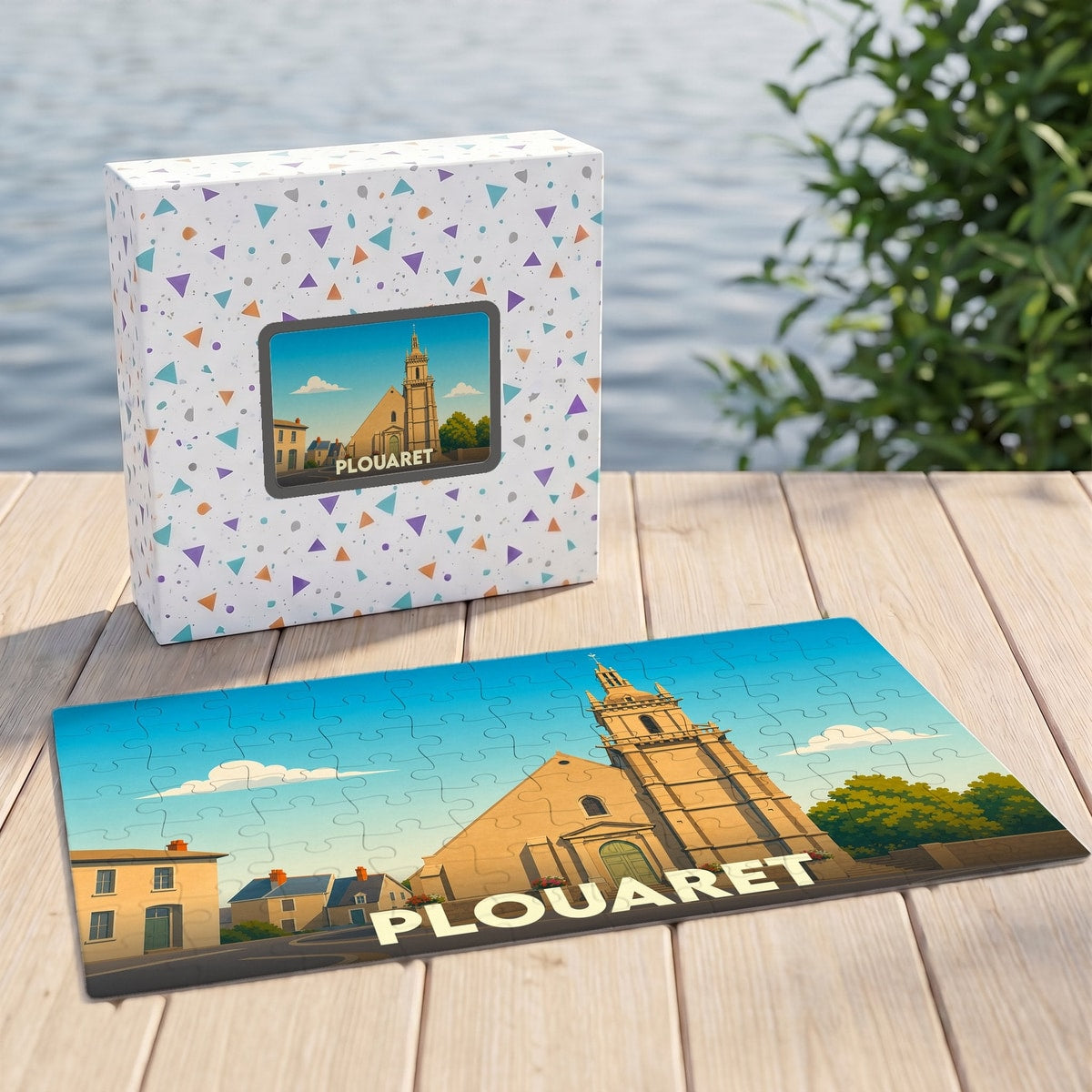 Puzzle souvenir de la ville de Plouaret avec une illustration stylisée de son église.