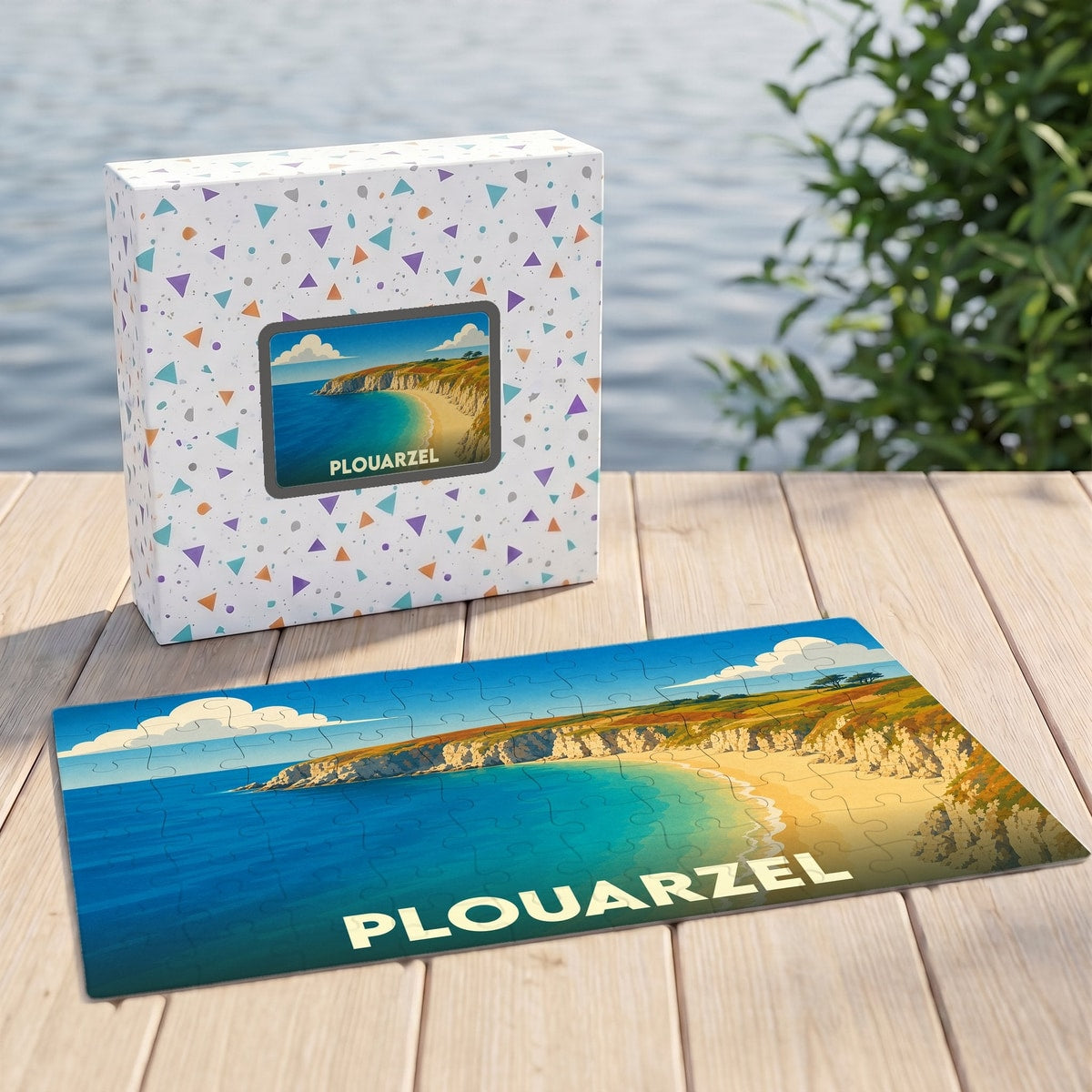 Puzzle souvenir de la ville de Plouarzel avec une illustration stylisée d'un paysage côtier.