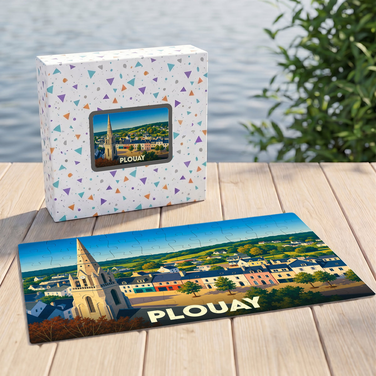 Puzzle souvenir de la ville de Plouay avec une illustration stylisée d'un paysage urbain.