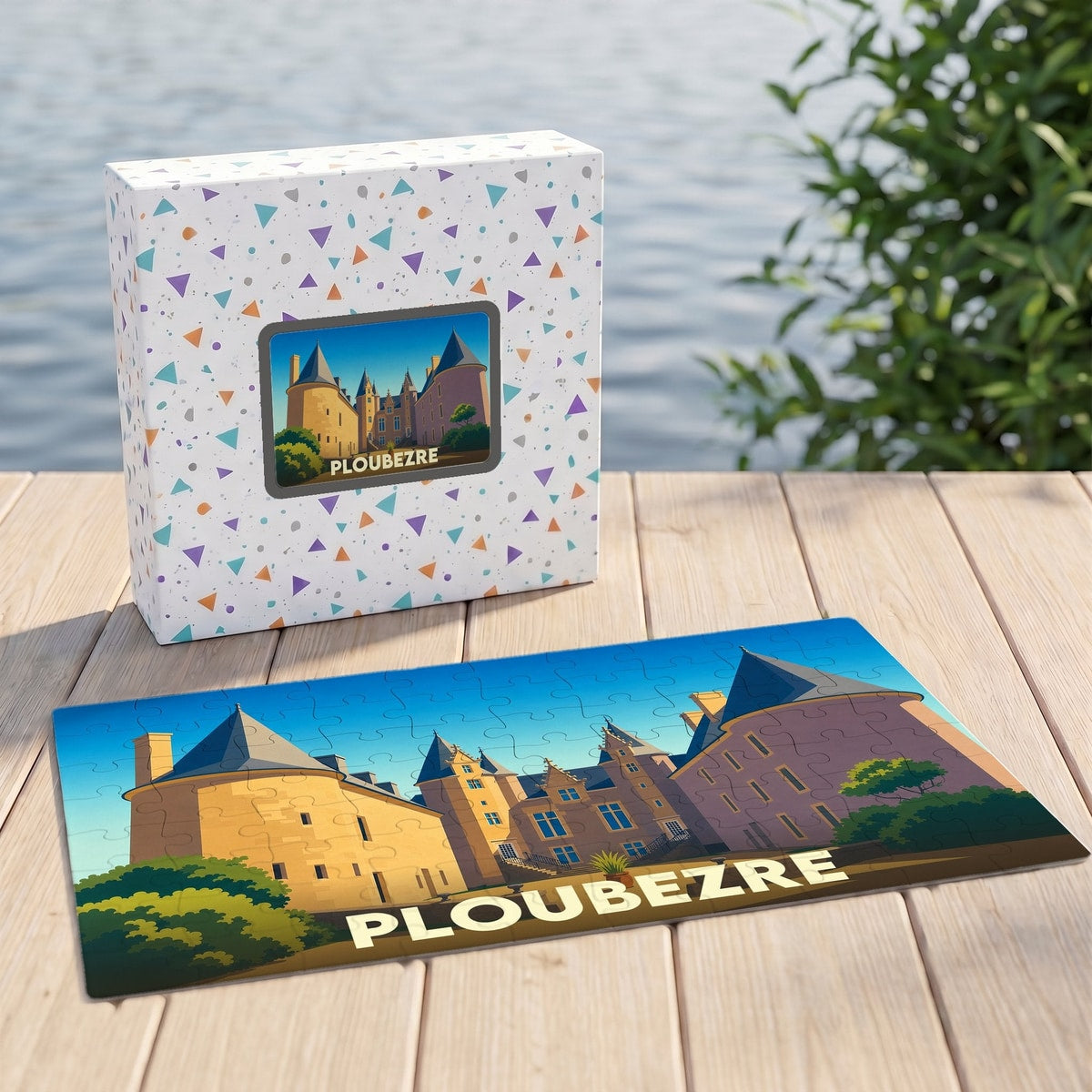 Puzzle souvenir de la ville de Ploubezre illustré d'un château stylisé, présenté avec sa boîte assortie.