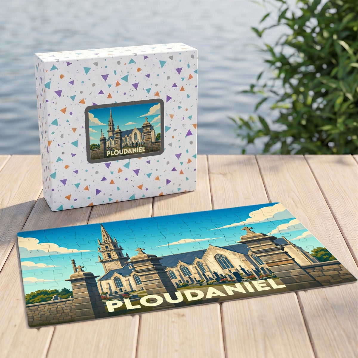Puzzle souvenir de la ville de Ploudaniel présentant une illustration stylisée de son église sur sa boîte et ses pièces assemblées.